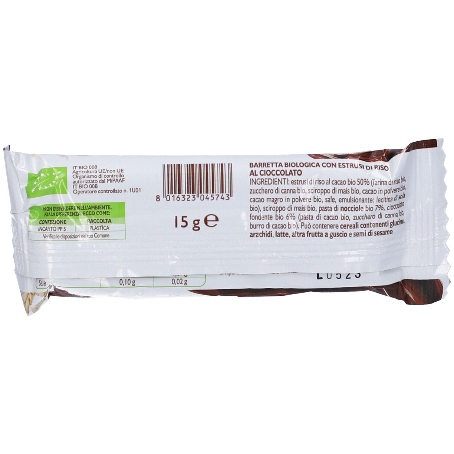 Retro di una barretta di cioccolato confezionata. Elenco ingredienti e informazioni nutrizionali. Sigillo biologico. Peso: 15g.