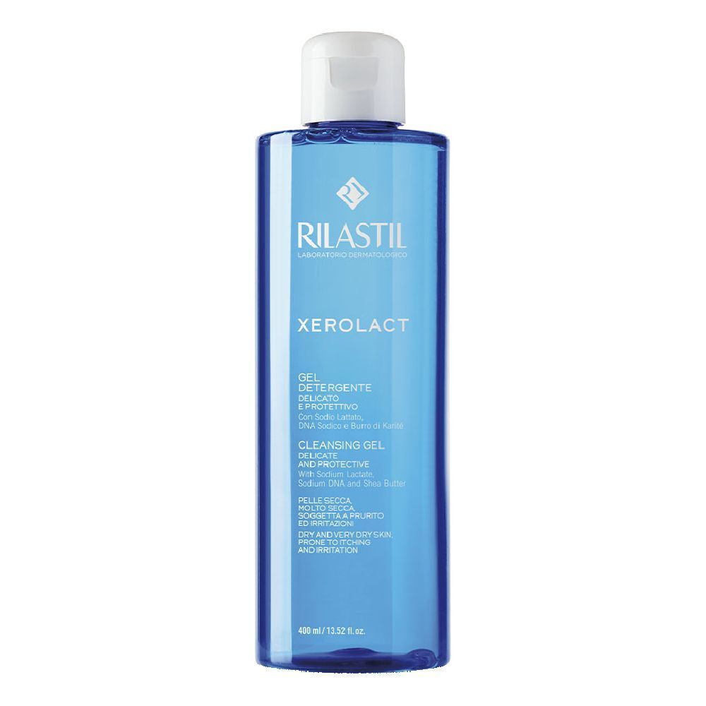 Gel detergente Rilastil Xerolact. Flacone blu con tappo bianco. Nome del prodotto e logo visibili.