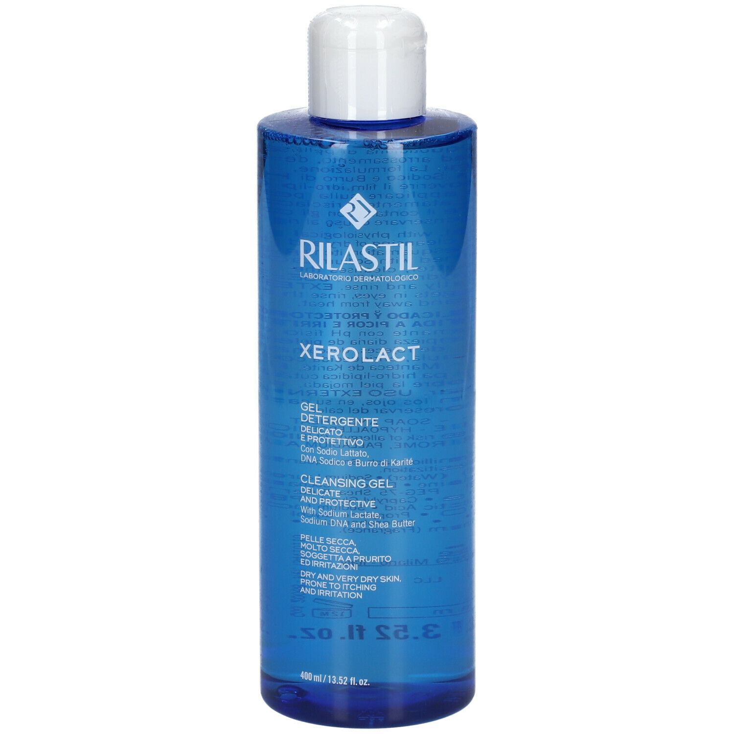 Gel detergente Rilastil Xerolact. Flacone blu con tappo bianco. Nome del prodotto e dettagli testuali.