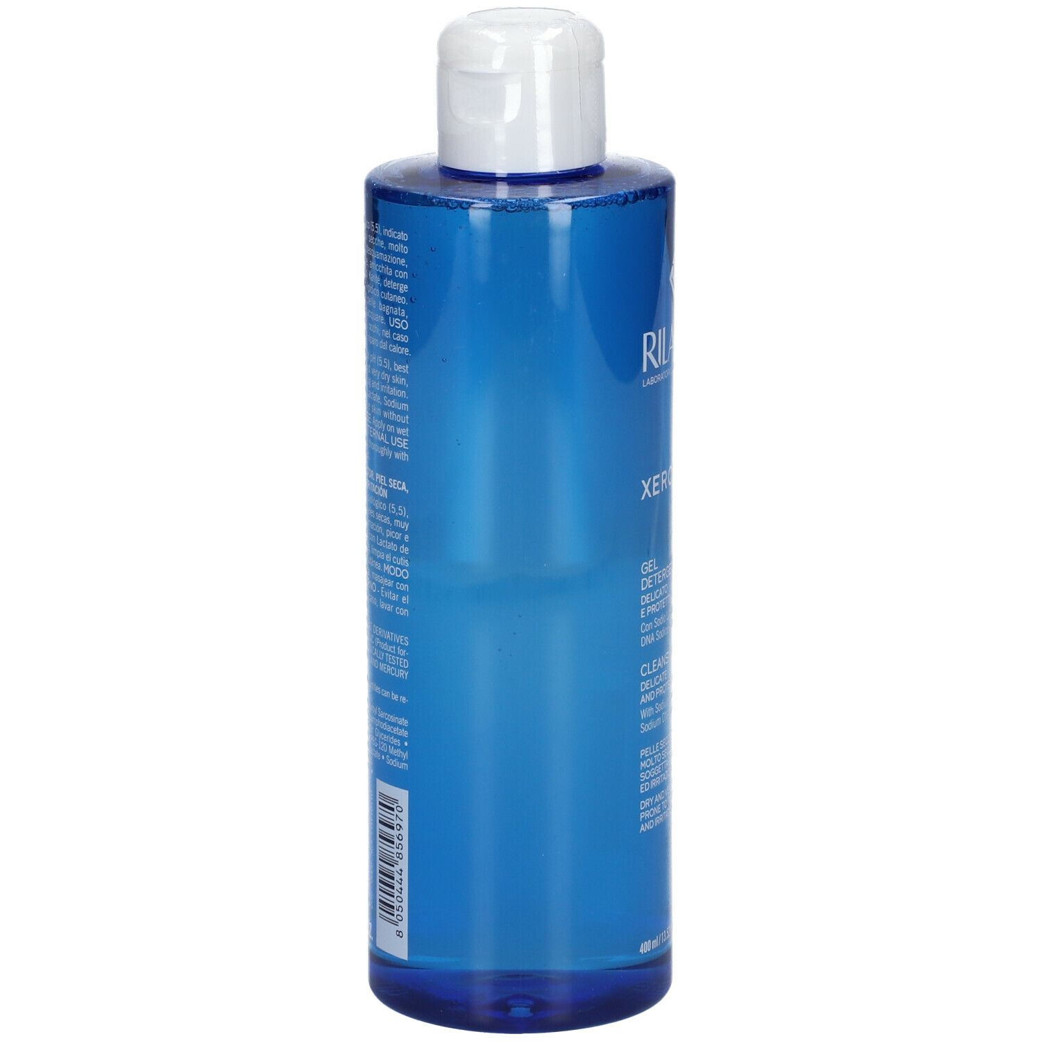 Gel detergente Rilastil Xerolact. Flacone blu con tappo bianco. Retro con testo.