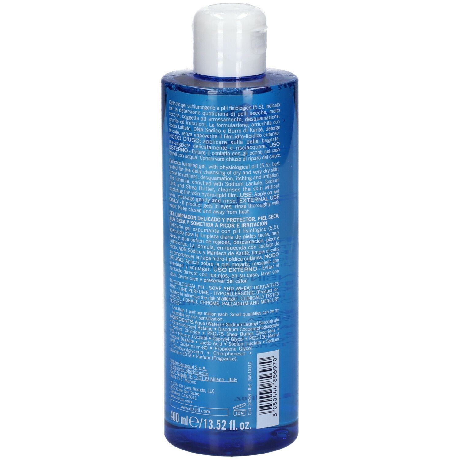 Gel detergente Rilastil Xerolact. Flacone blu con tappo bianco. Retro con testo.