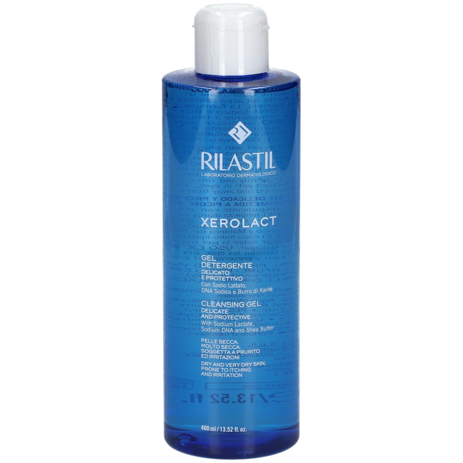 Gel detergente Rilastil Xerolact. Flacone blu con tappo bianco. Nome del prodotto e dettagli testuali.