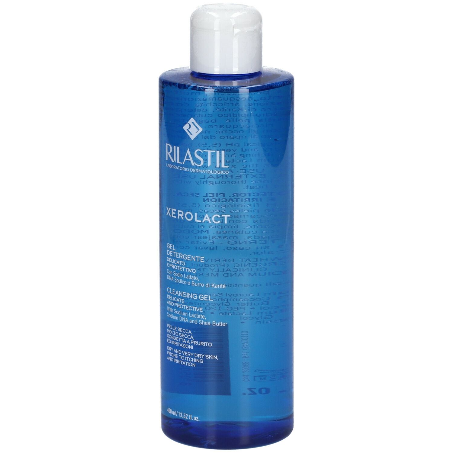Gel detergente Rilastil Xerolact. Flacone blu con tappo bianco. Nome del prodotto e dettagli testuali.