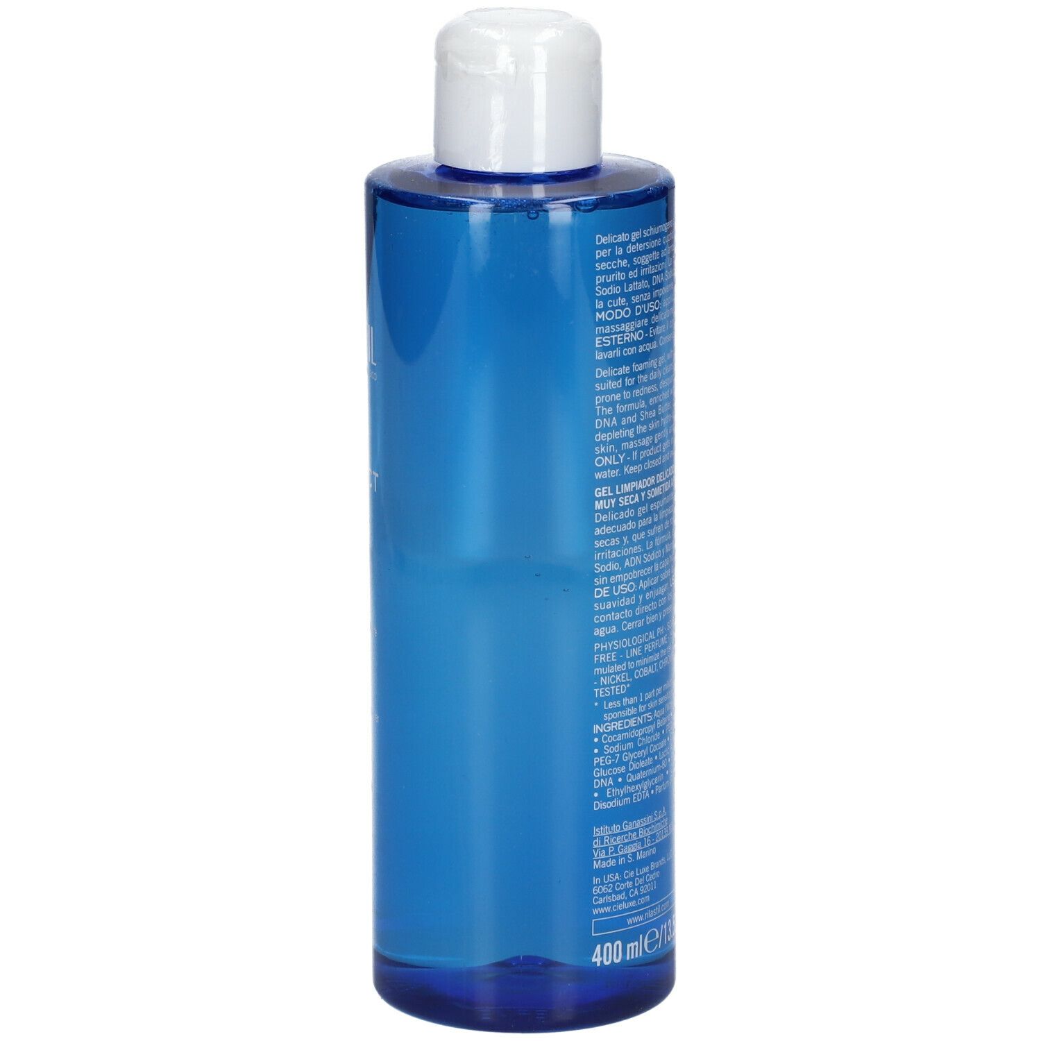 Gel detergente Rilastil Xerolact. Flacone blu con tappo bianco. Retro con testo.