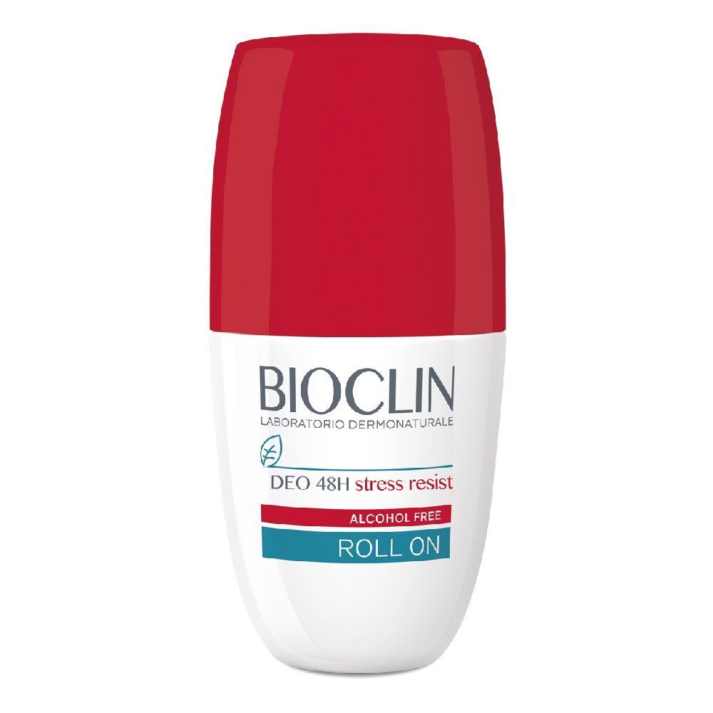 Deodorante roll-on bianco e rosso. Logo BIOCLIN, scritta 'DEO 48H stress resist', 'ALCOHOL FREE', 'ROLL ON'.