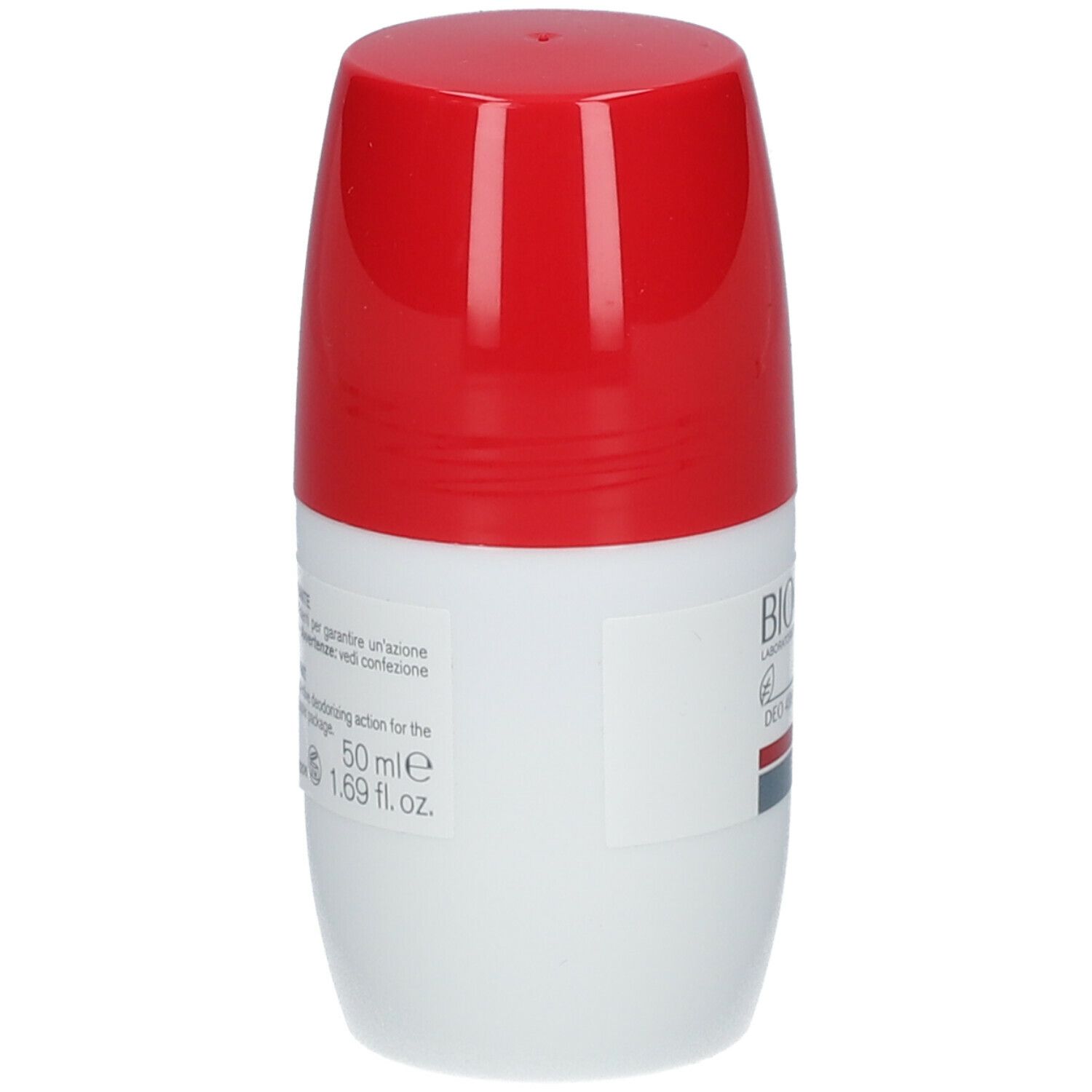 Deodorante roll-on bianco e rosso. Retro con testo. Logo BIOCLIN, scritta 'DEO 48H stress resist', 'ALCOHOL FREE', 'ROLL ON'.