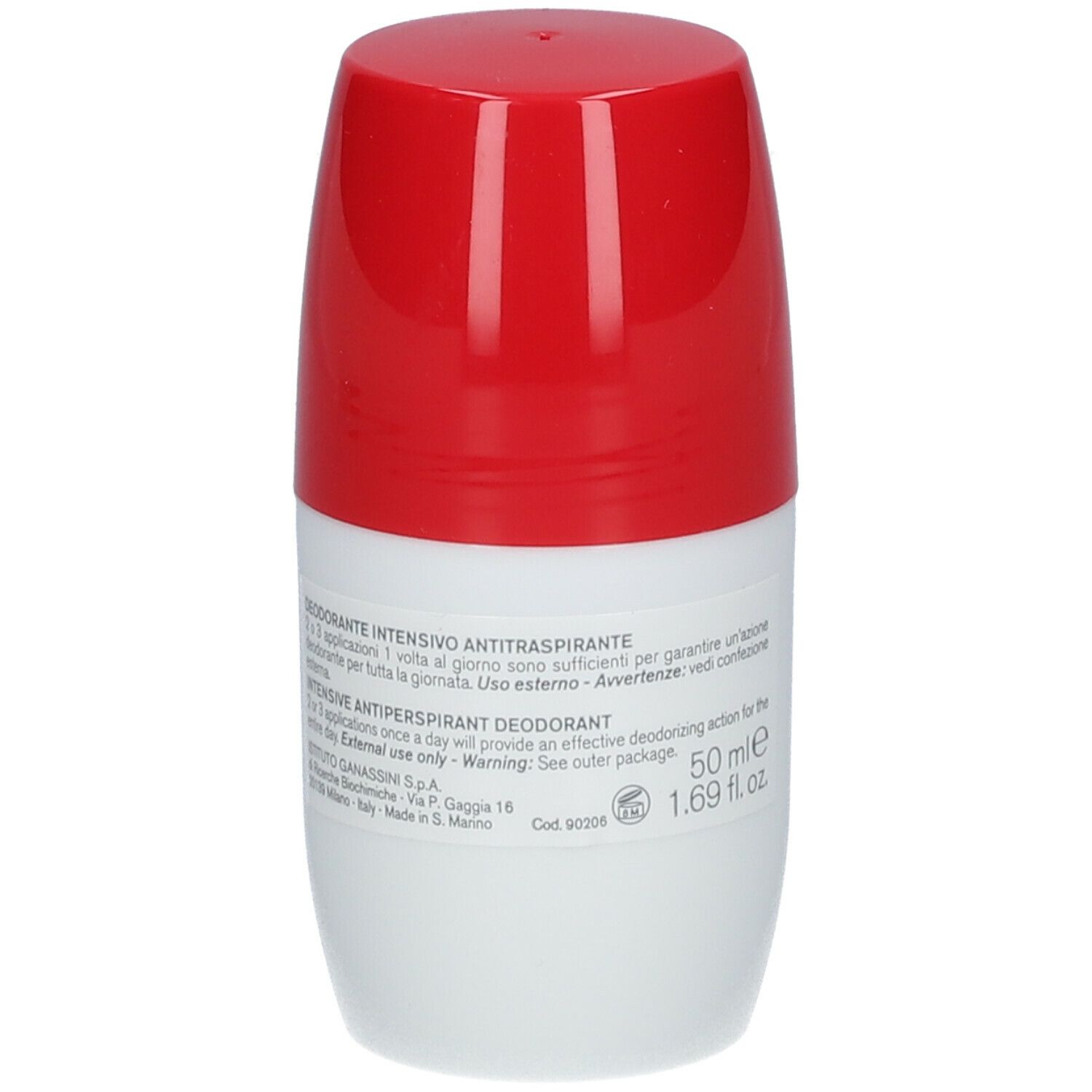 Deodorante roll-on bianco e rosso. Retro con testo. Logo BIOCLIN, scritta 'DEO 48H stress resist', 'ALCOHOL FREE', 'ROLL ON'.