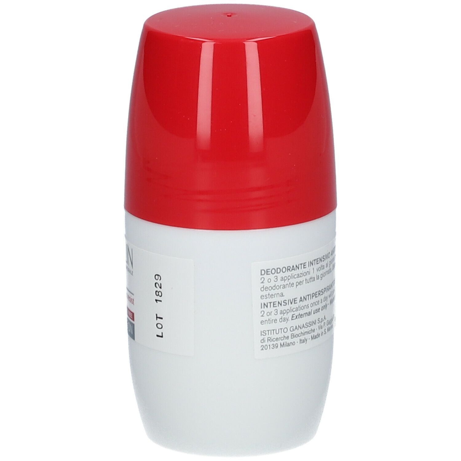 Deodorante roll-on bianco e rosso. Retro con testo. Logo BIOCLIN, scritta 'DEO 48H stress resist', 'ALCOHOL FREE', 'ROLL ON'.