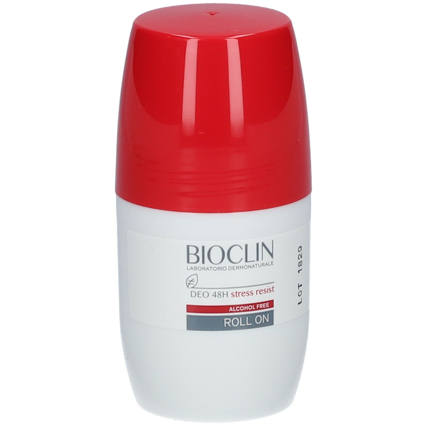 Deodorante roll-on bianco e rosso. Logo BIOCLIN, scritta 'DEO 48H stress resist', 'ALCOHOL FREE', 'ROLL ON'. Numero di lotto.