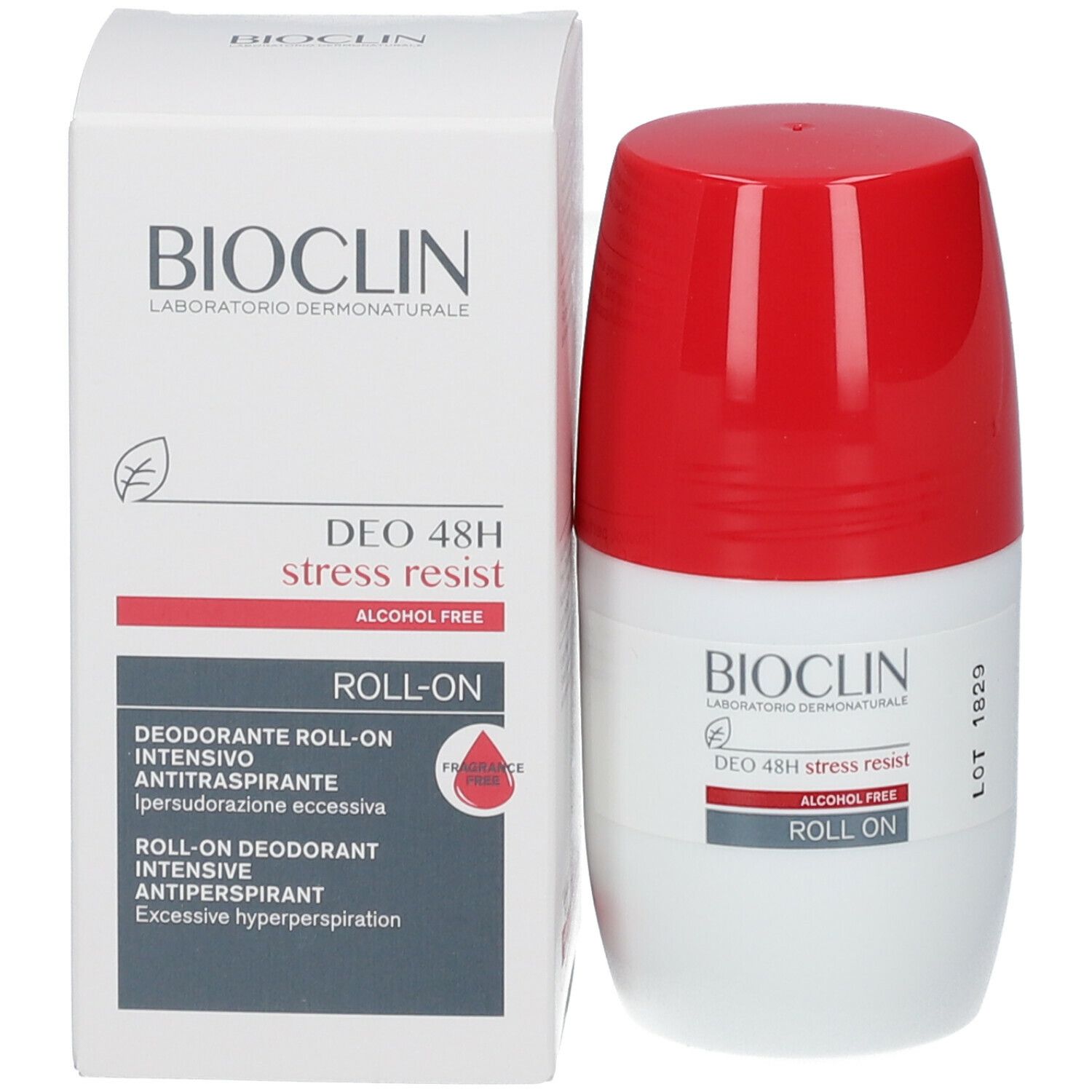 Deodorante roll-on e confezione. Logo BIOCLIN, scritta 'DEO 48H stress resist', 'ALCOHOL FREE', 'ROLL ON'.