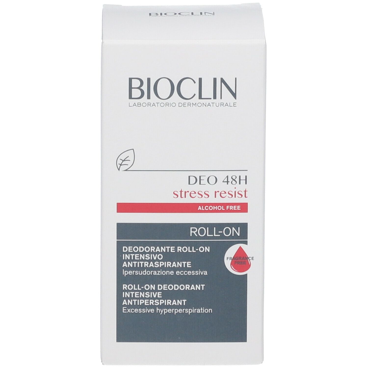 Confezione. Logo BIOCLIN, scritta 'DEO 48H stress resist', 'ALCOHOL FREE', 'ROLL ON'.