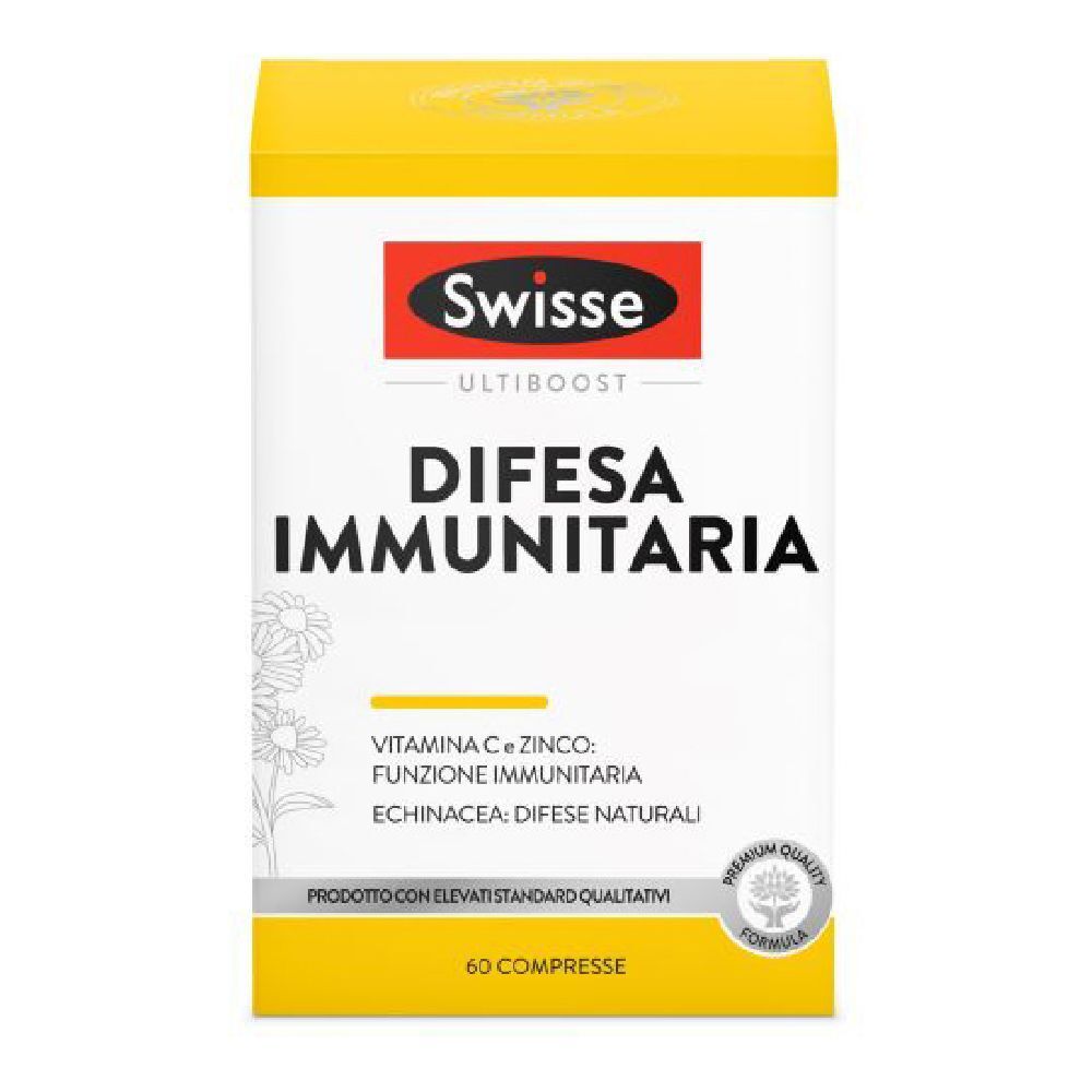 Scatola bianca e gialla. Scritto: Swisse Difesa Immunitaria. Contiene 60 compresse. Con marchio di qualità.