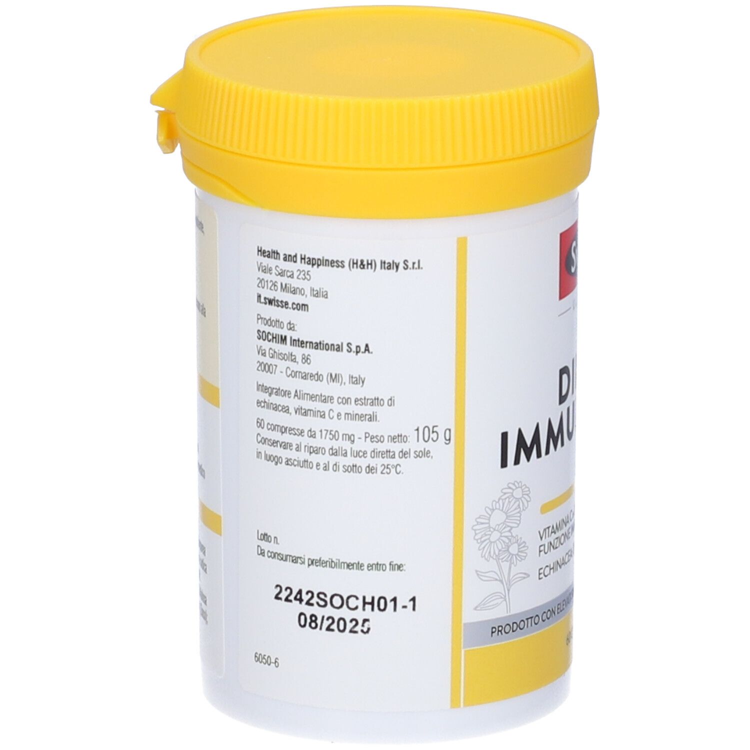 Retro del barattolo. Scritto: Swisse Difesa Immunitaria. Contiene 60 compresse. Ingredienti e informazioni produttore.