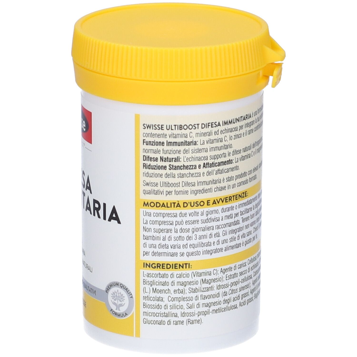 Retro del barattolo. Scritto: Swisse Difesa Immunitaria. Contiene 60 compresse. Ingredienti e informazioni produttore.