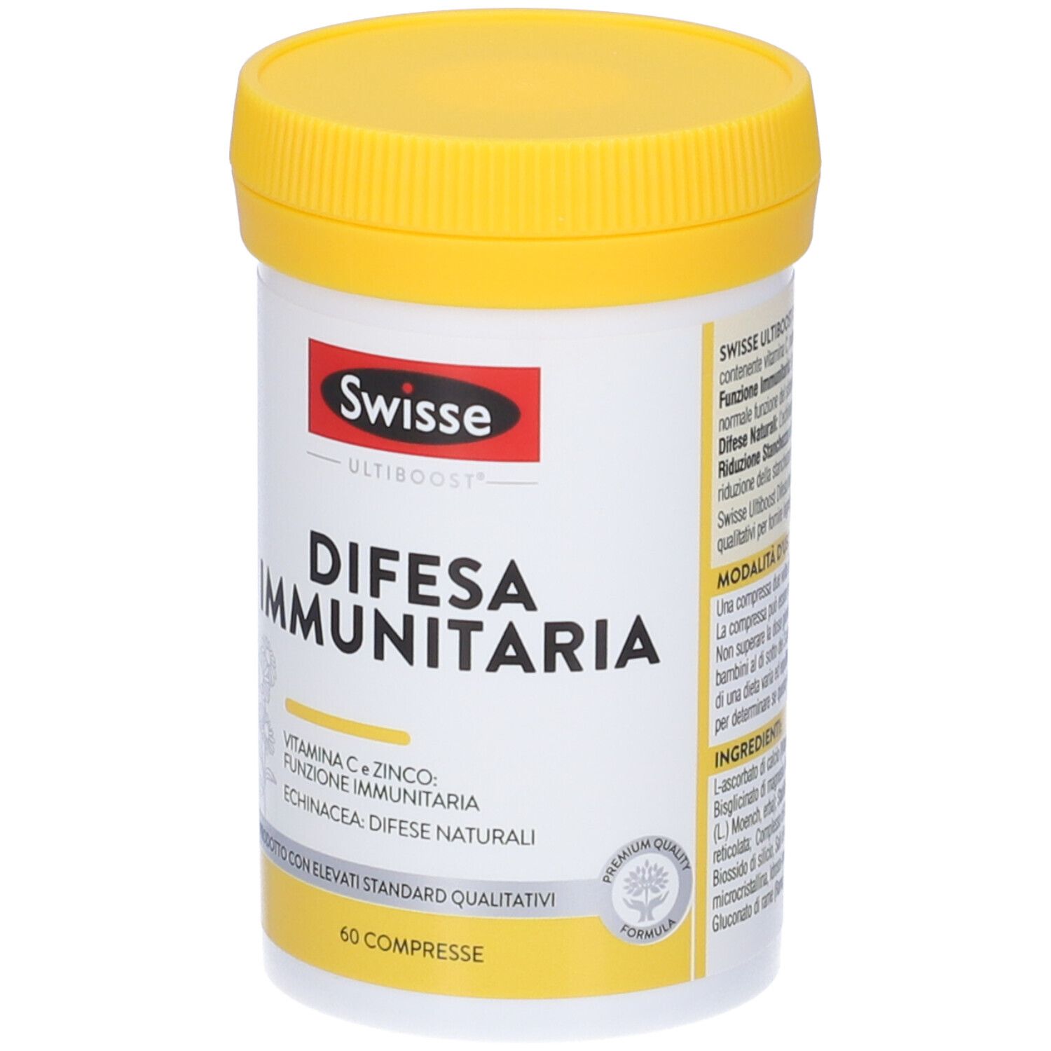 Barattolo cilindrico con coperchio giallo. Scritto: Swisse Difesa Immunitaria. Contiene 60 compresse. Marchio qualità.