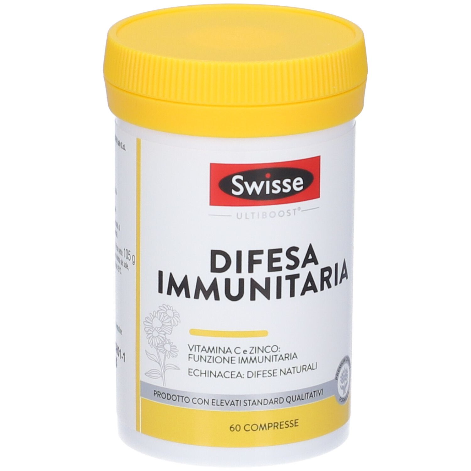 Barattolo cilindrico con coperchio giallo. Scritto: Swisse Difesa Immunitaria. Contiene 60 compresse. Marchio qualità.