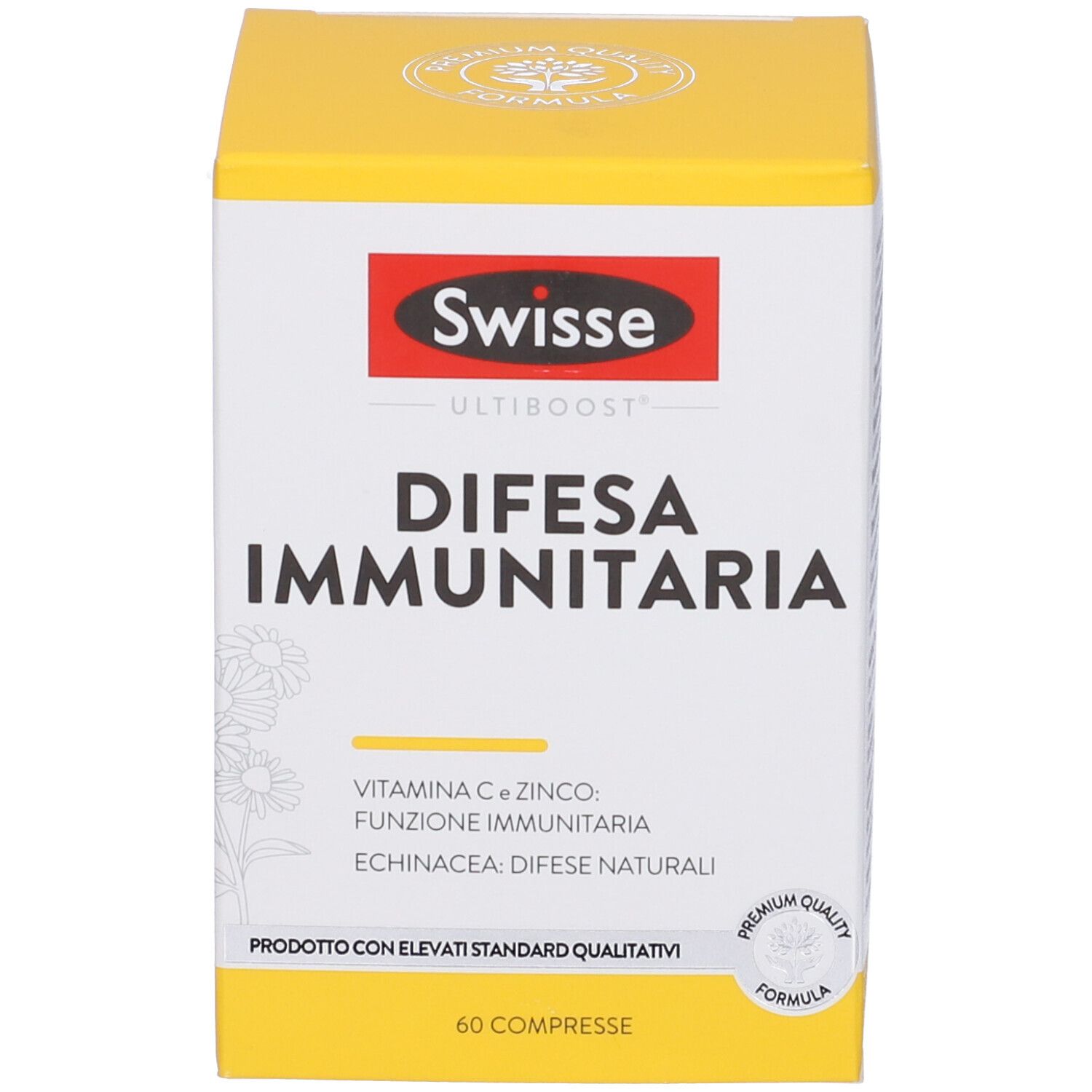 Scatola bianca e gialla. Scritto: Swisse Difesa Immunitaria. Contiene 60 compresse. Con marchio di qualità.