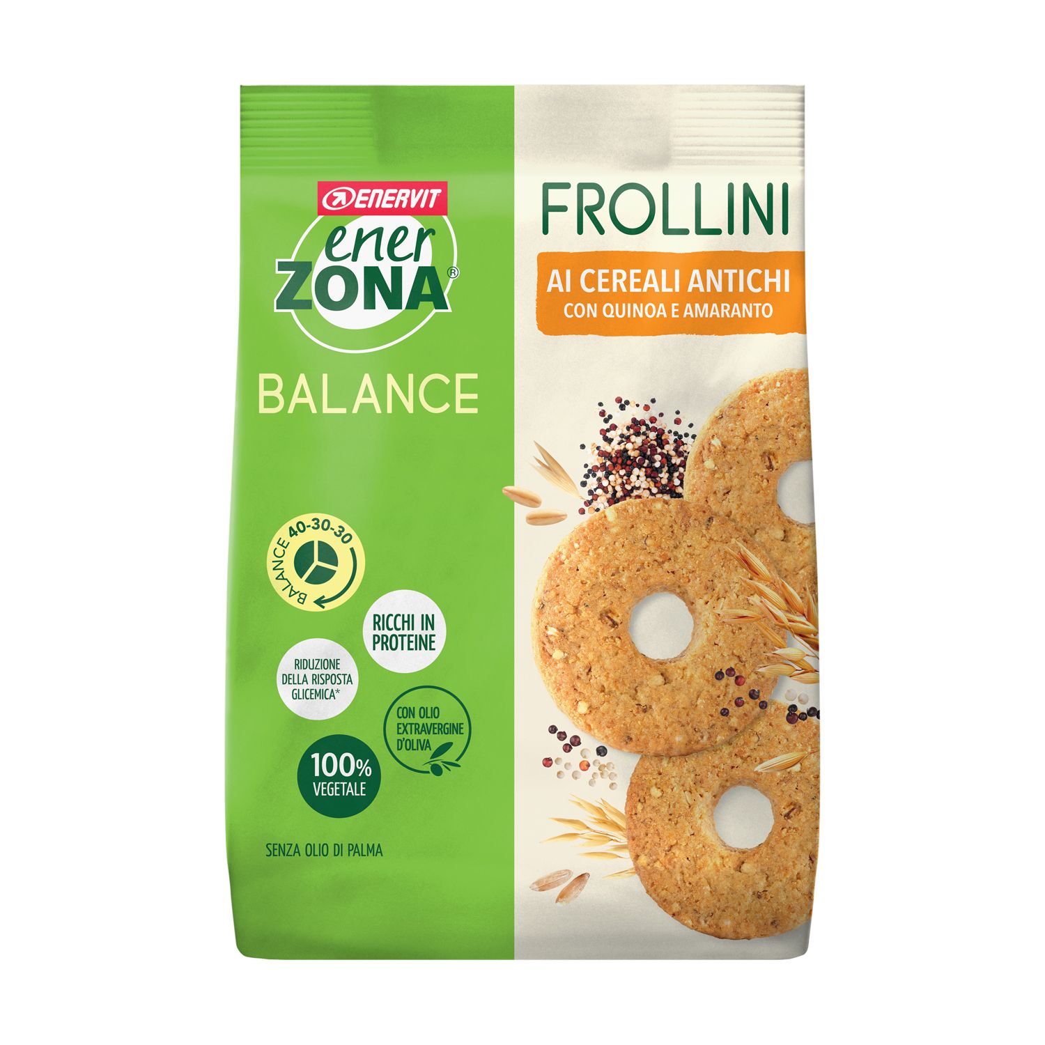 Verpackung mit Keksen. Aufschrift: EnerZona Balance. Frollini mit Urgetreide, Quinoa und Amaranth. 100% vegetarisch.