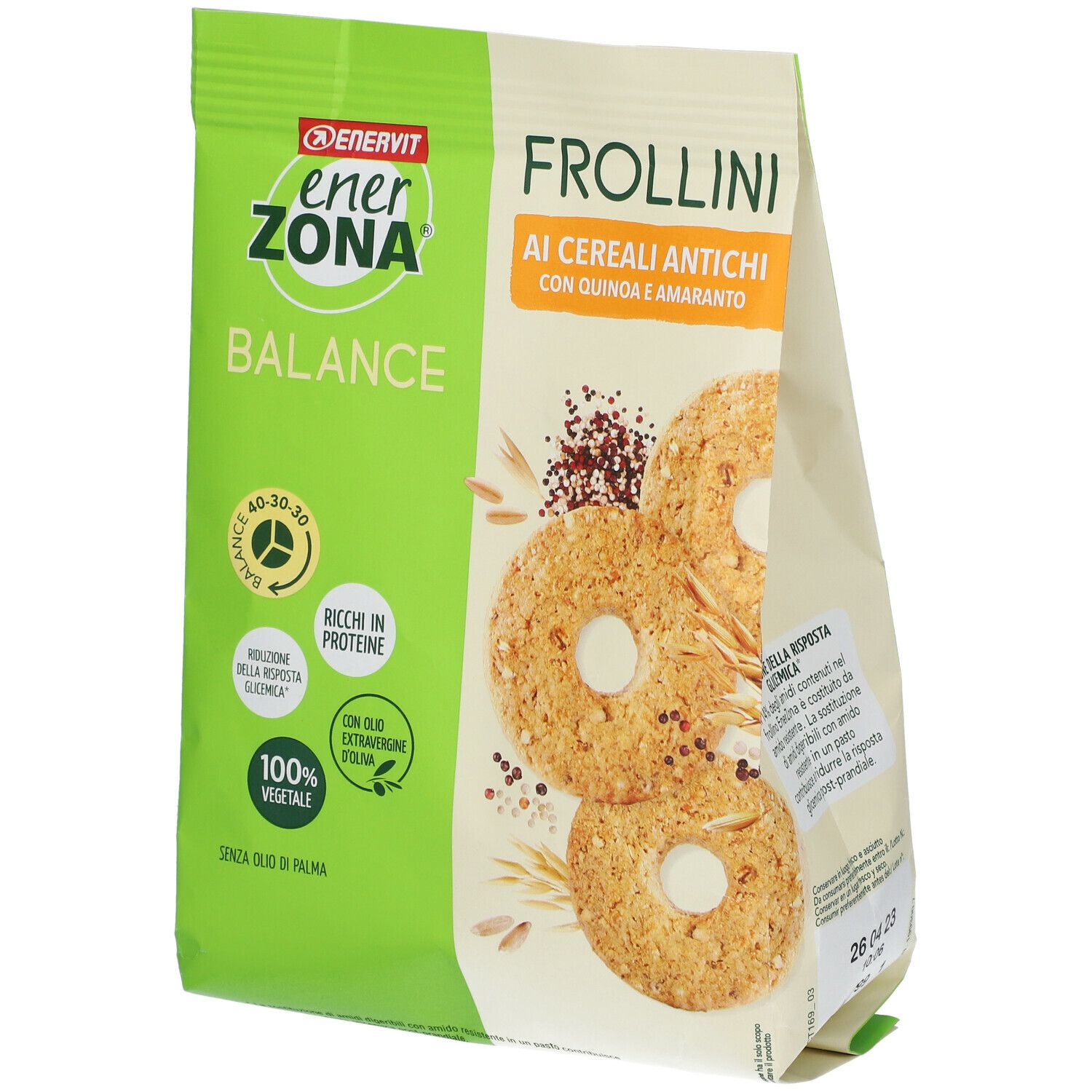 Verpackung mit Keksen. EnerZona Balance. Frollini mit Urgetreide, Quinoa und Amaranth. Ansicht von vorne und Seite.