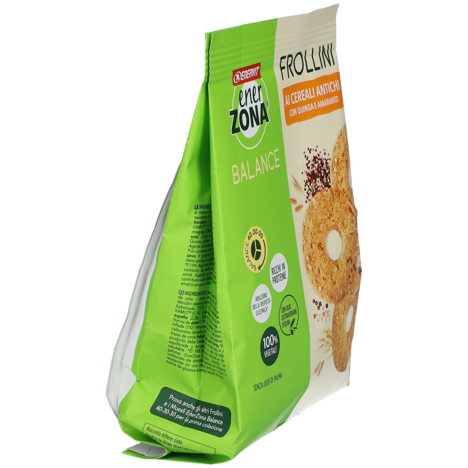 Verpackung mit Keksen. EnerZona Balance. Frollini mit Urgetreide. Ansicht von der Seite. Grüne Verpackung.