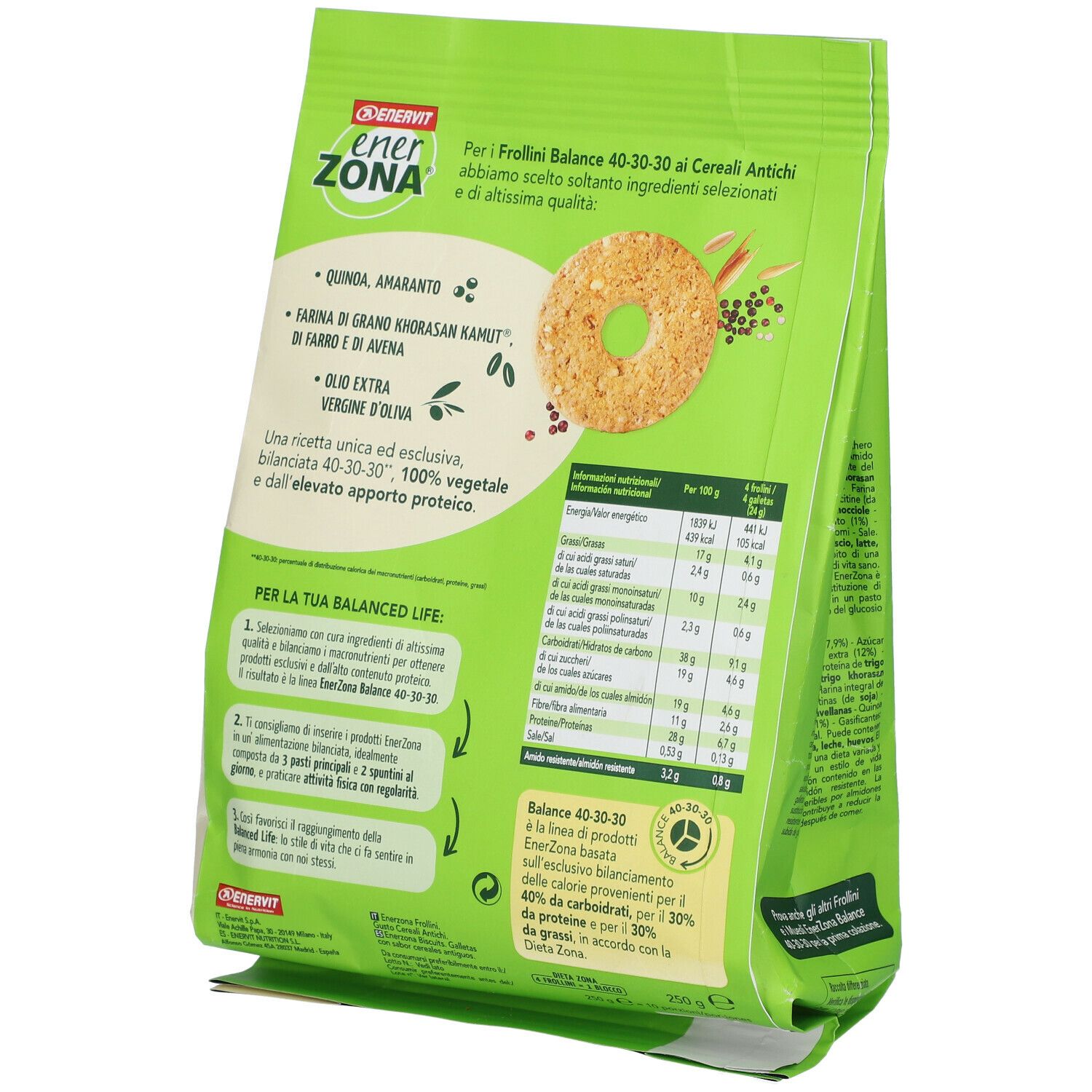 Rückseite der Kekspackung. EnerZona Balance. Zutatenliste, Nährwertangaben. Kekse mit Urgetreide.
