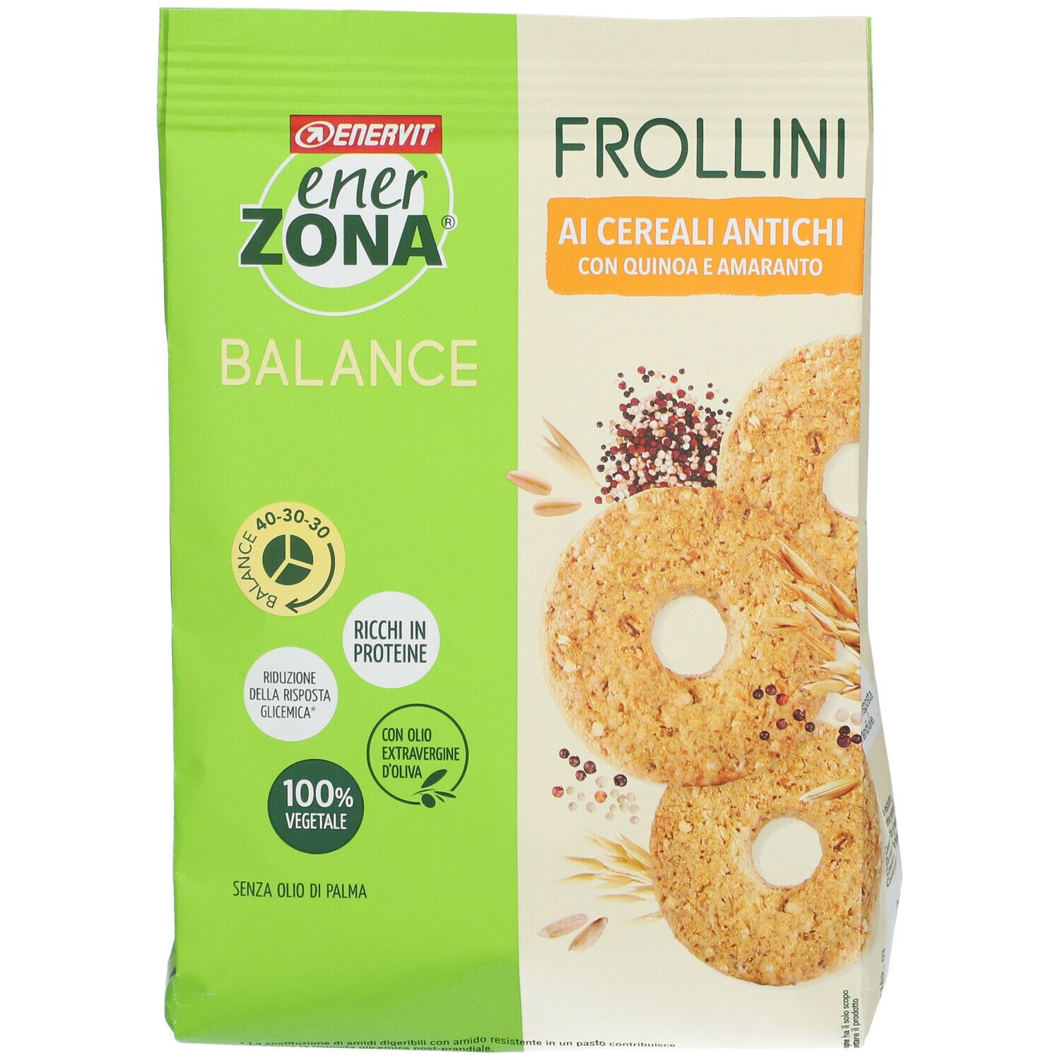 Verpackung mit Keksen. EnerZona Balance. Frollini mit Urgetreide, Quinoa und Amaranth. 100% vegetarisch.