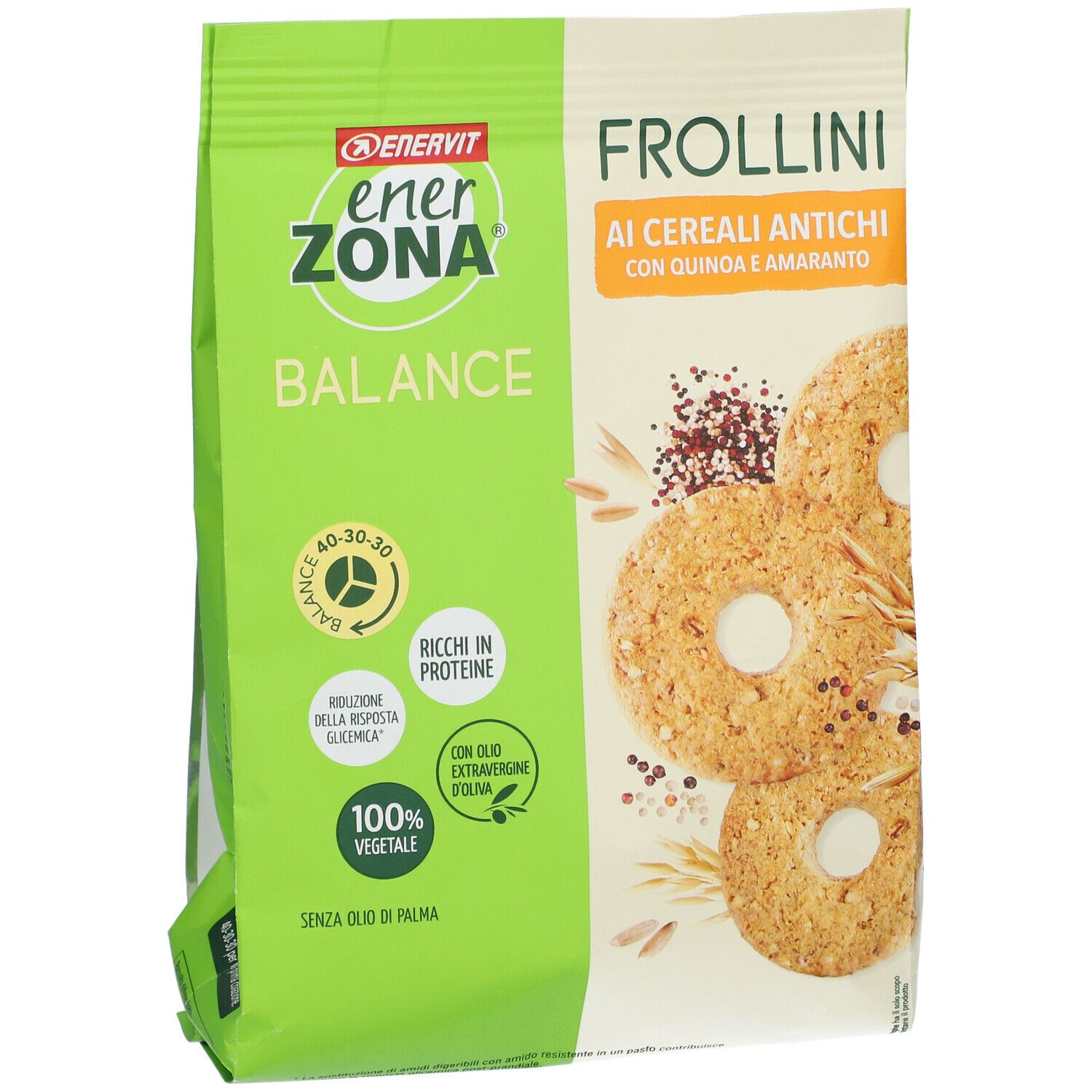 Verpackung mit Keksen. EnerZona Balance. Frollini mit Urgetreide, Quinoa und Amaranth. 100% vegetarisch.