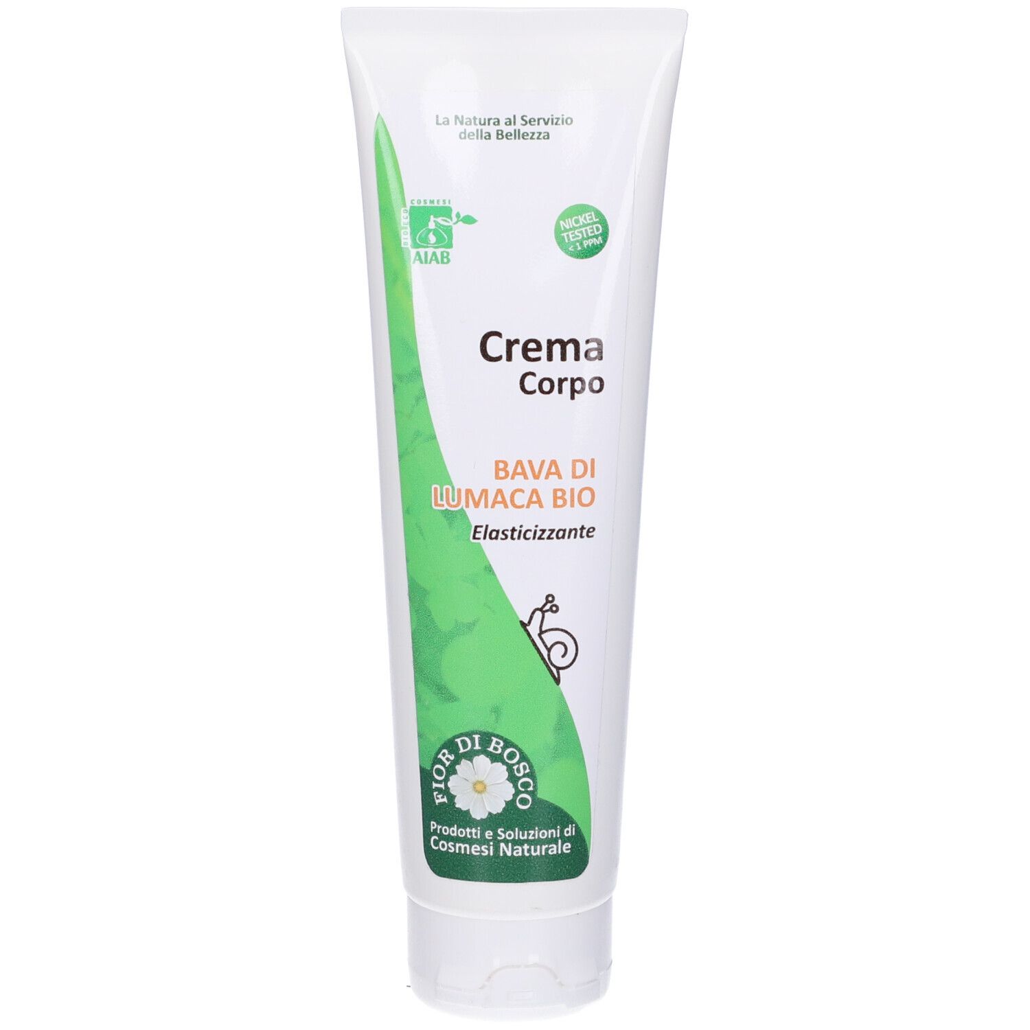 Tubo bianco con design verde. Testo: Crema Corpo Bava di Lumaca BIO. Certificazioni: AIAB, Vegan.