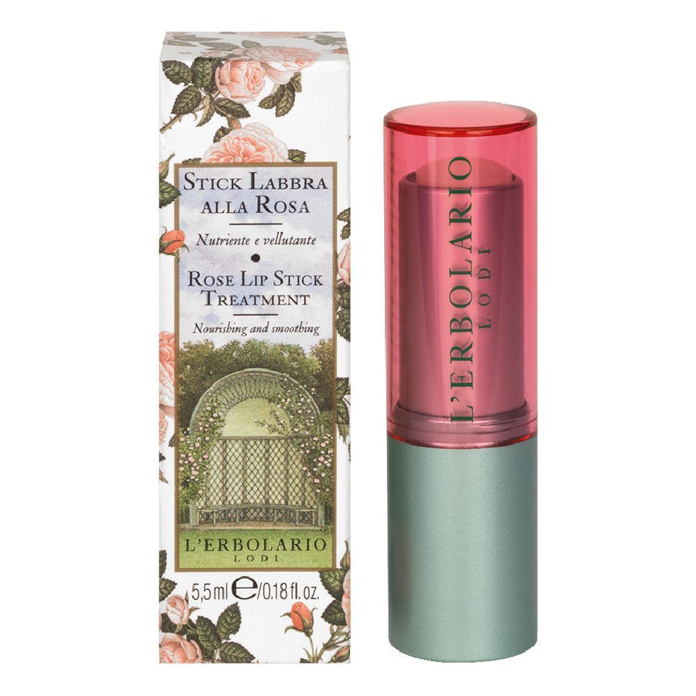 Stick labbra e scatola. Scritta: Stick Labbra Alla Rosa, Rose Lip Stick Treatment, L'Erbolario Lodi.