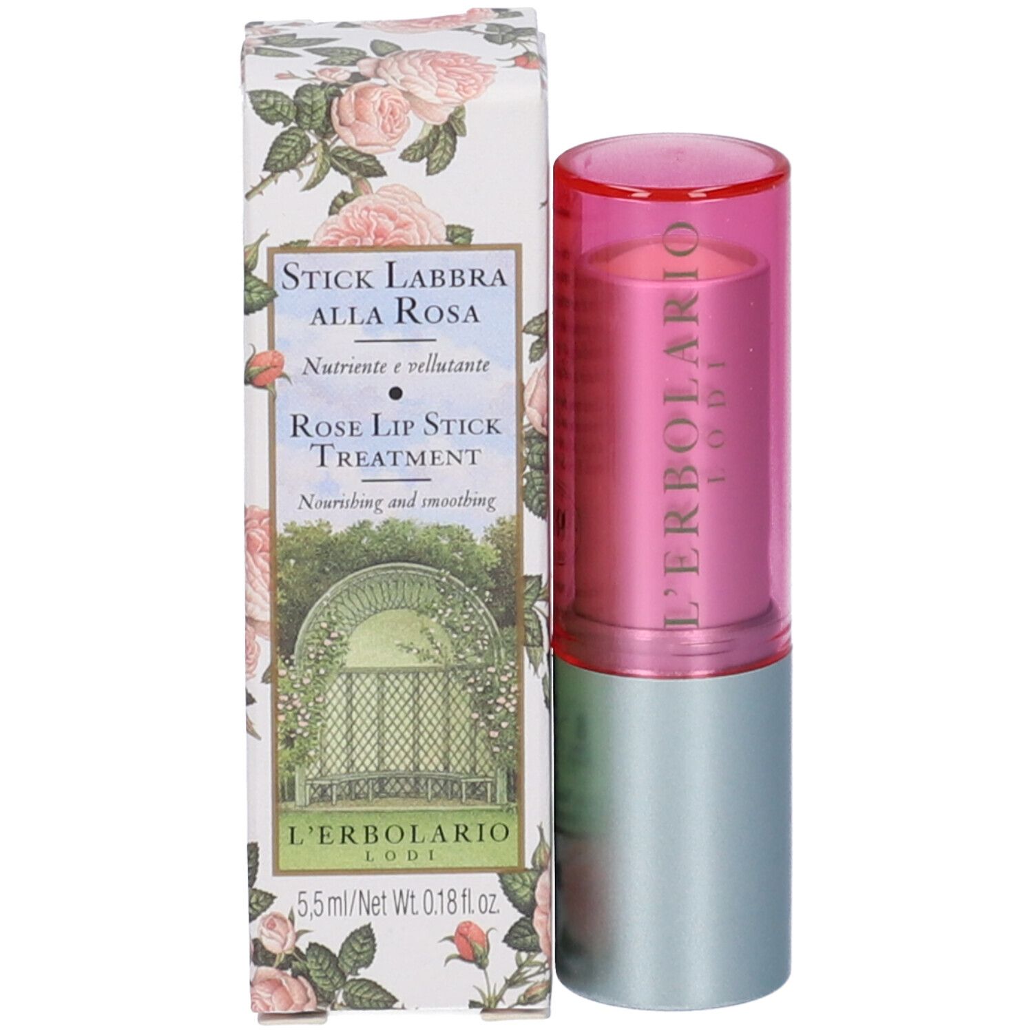 Stick labbra e scatola. Scritta: Stick Labbra Alla Rosa, Rose Lip Stick Treatment, L'Erbolario Lodi.