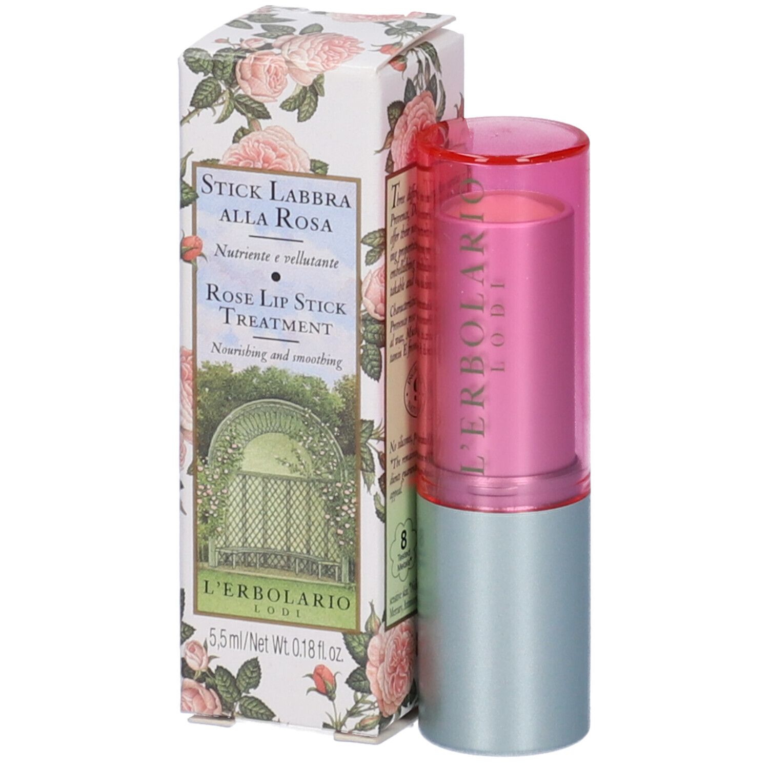 Stick labbra e scatola. Scritta: Stick Labbra Alla Rosa, Rose Lip Stick Treatment, L'Erbolario Lodi.