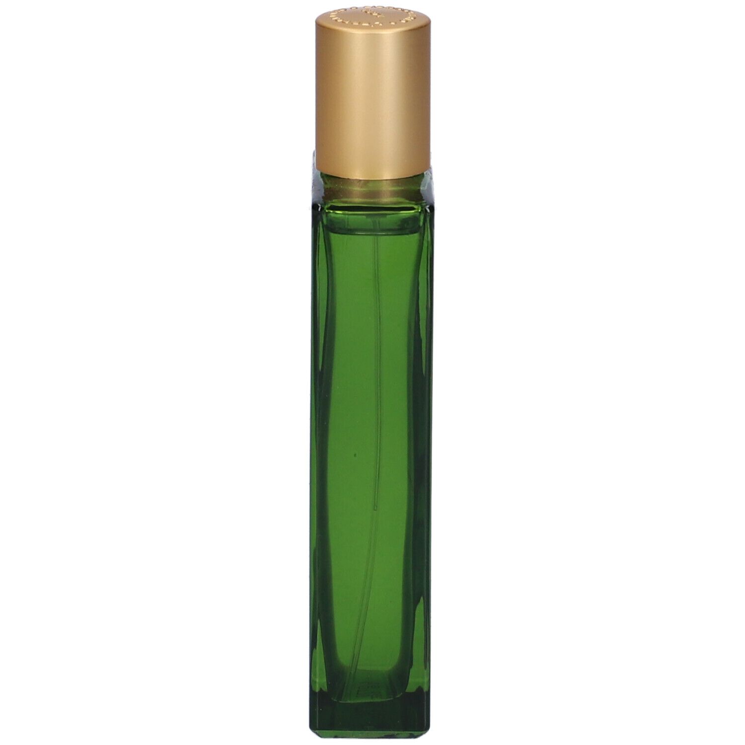 Flacone in vetro verde con tappo dorato. Forma rettangolare.