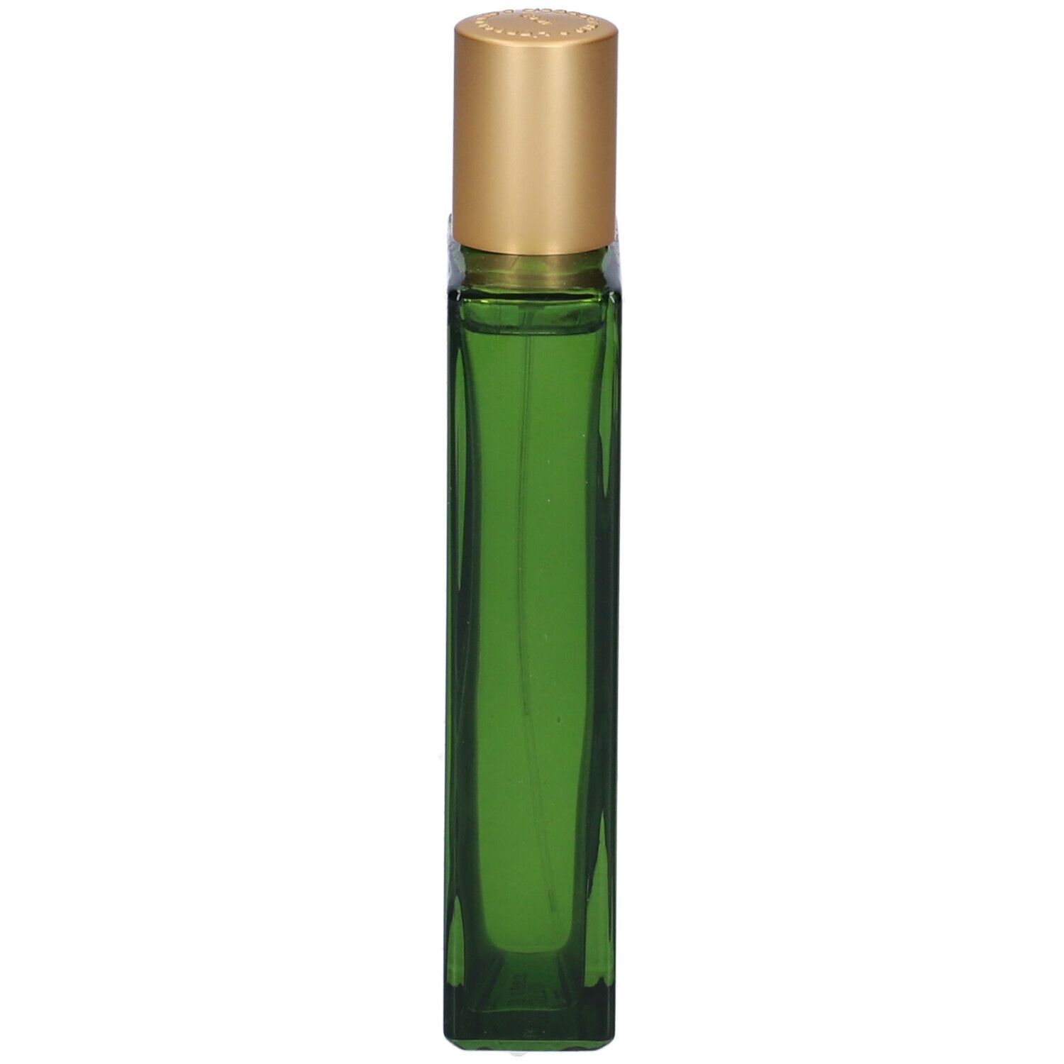 Flacone in vetro verde con tappo dorato. Forma rettangolare.