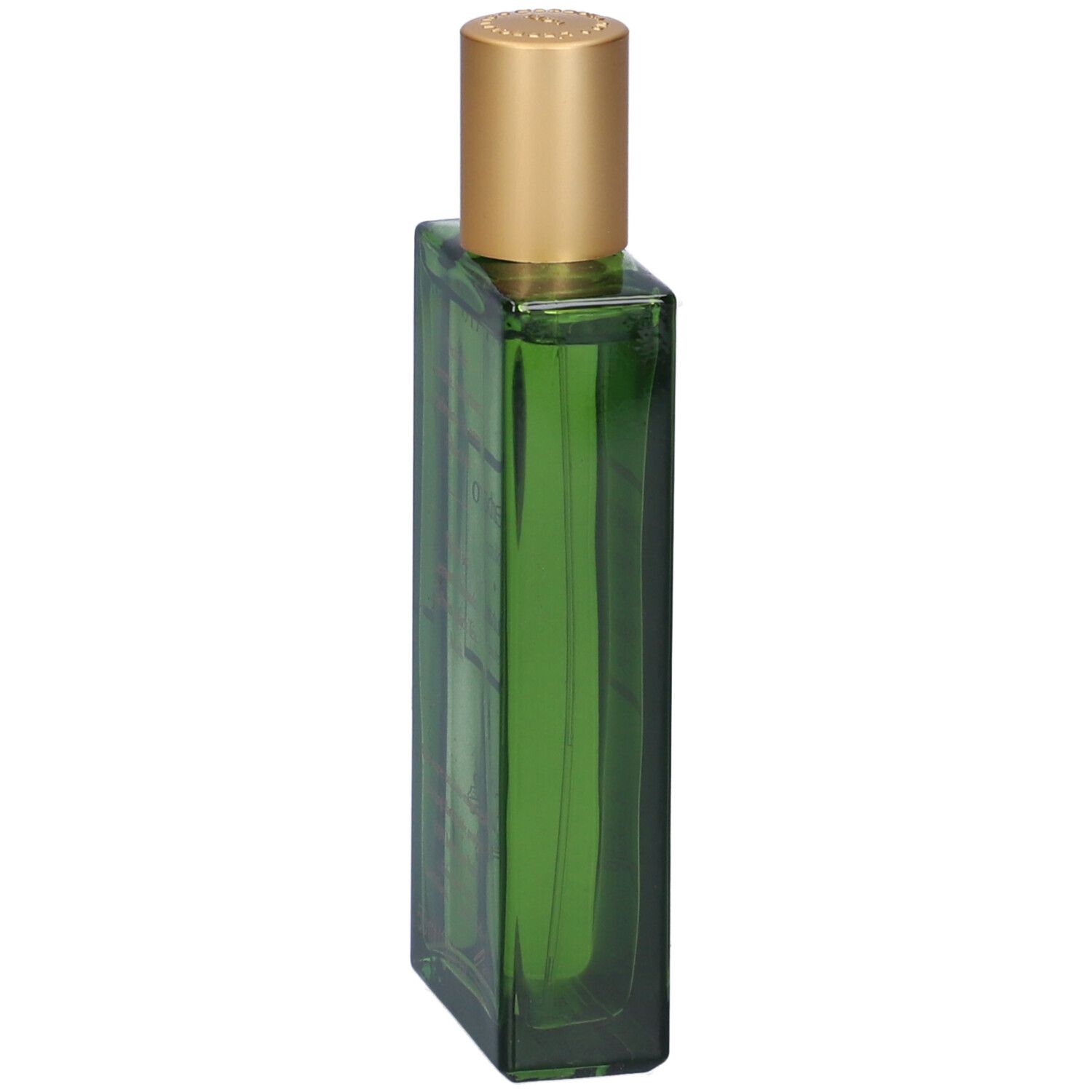 Flacone verde con tappo dorato. Forma rettangolare.