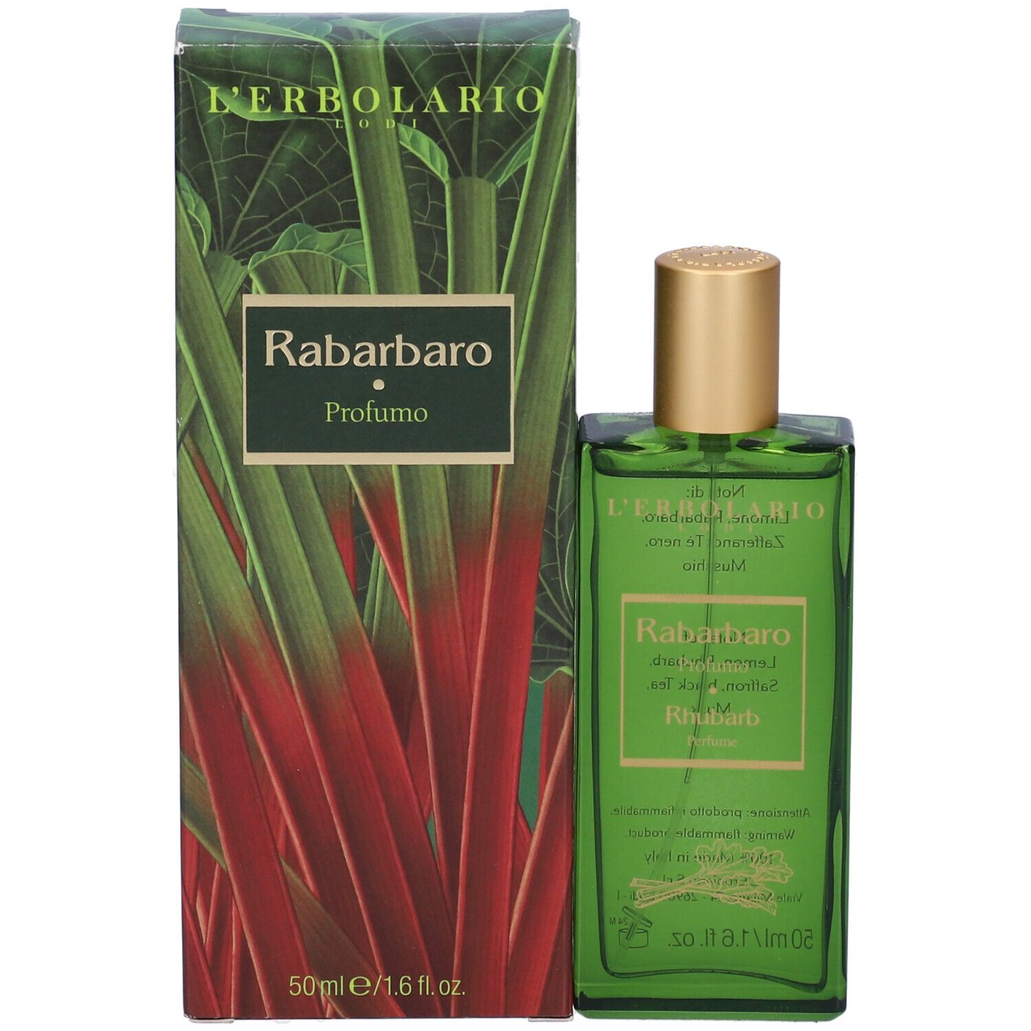 Flacone verde e confezione. Testo: Rabarbaro Profumo, 50ml/1.6 fl.oz.