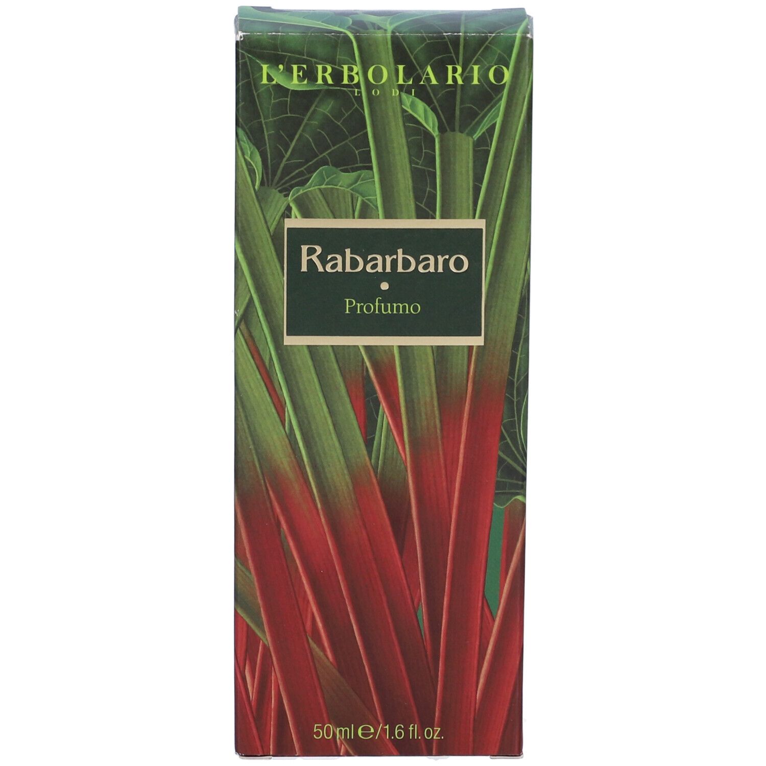 Confezione con motivo rabarbaro. Testo: Rabarbaro Profumo, 50ml/1.6 fl.oz.
