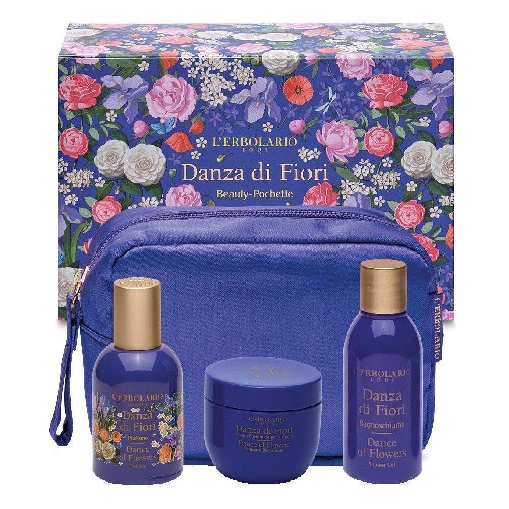 Set di prodotti cosmetici in pochette e confezione blu. Include flaconi e vasetto con coperchi dorati. Stampa floreale.