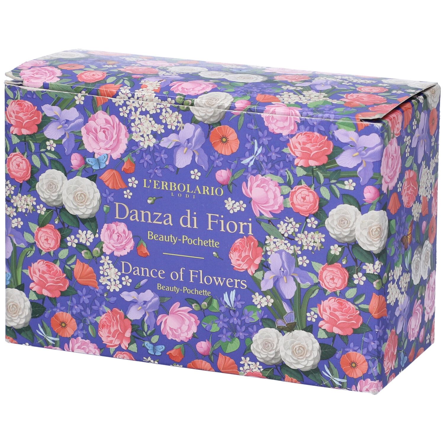 Scatola rettangolare con motivo floreale. Scritta: L'Erbolario, Danza di Fiori, Beauty-Pochette, Dance of Flowers. Sfondo viola.