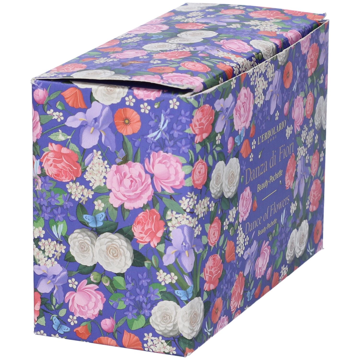 Scatola con motivo floreale. Scritta: L'Erbolario, Danza di Fiori, Beauty-Pochette, Dance of Flowers. Sfondo viola.