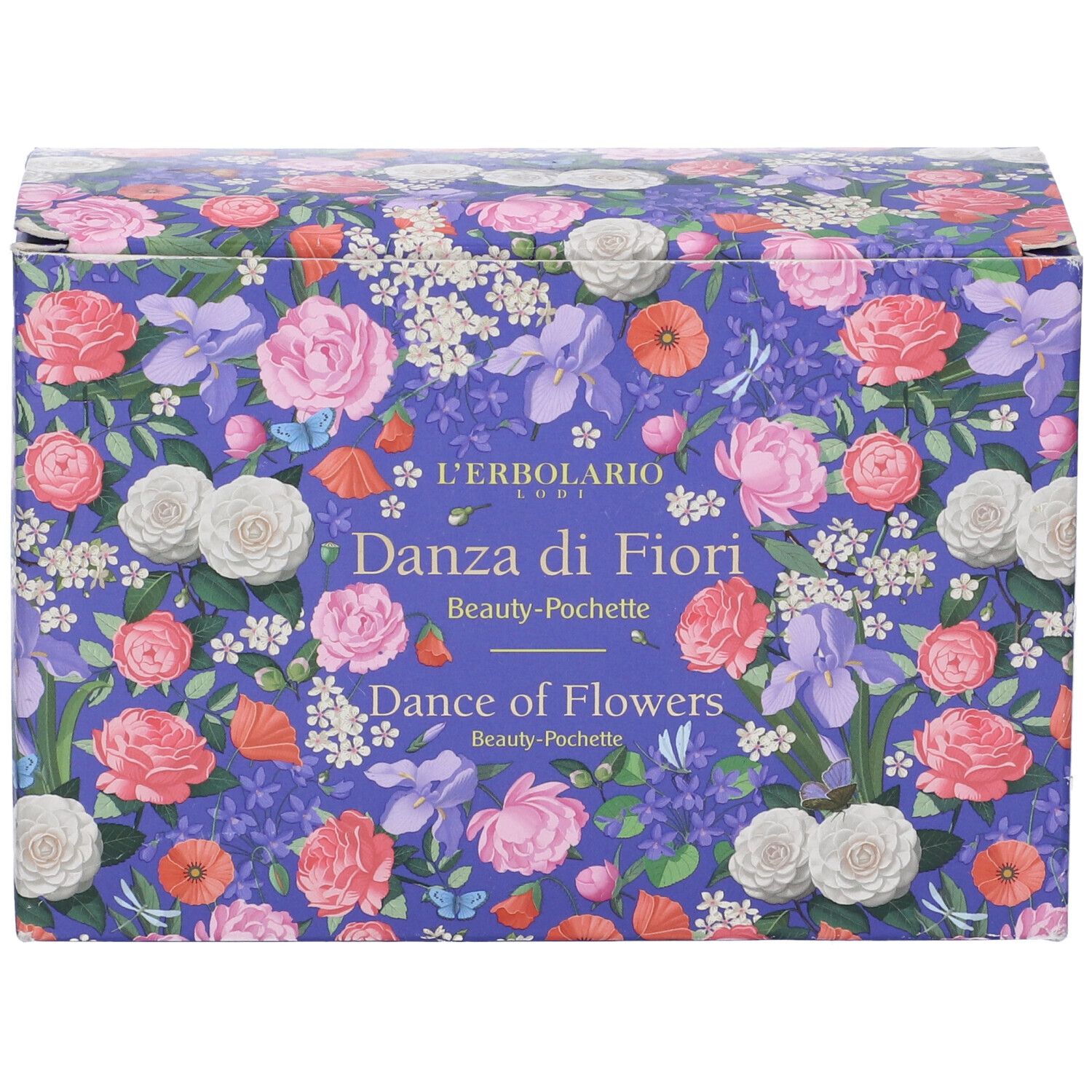 Scatola con motivo floreale. Scritta: L'Erbolario, Danza di Fiori, Beauty-Pochette, Dance of Flowers. Sfondo viola.