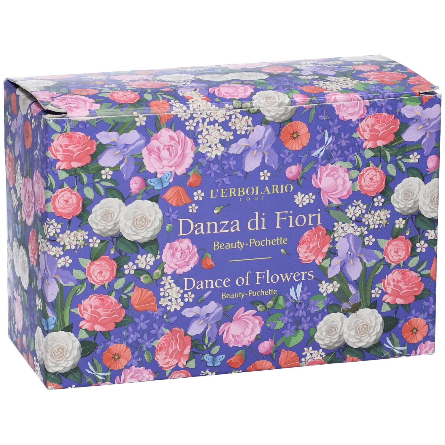Scatola con motivo floreale. Scritta: L'Erbolario, Danza di Fiori, Beauty-Pochette, Dance of Flowers. Sfondo viola.