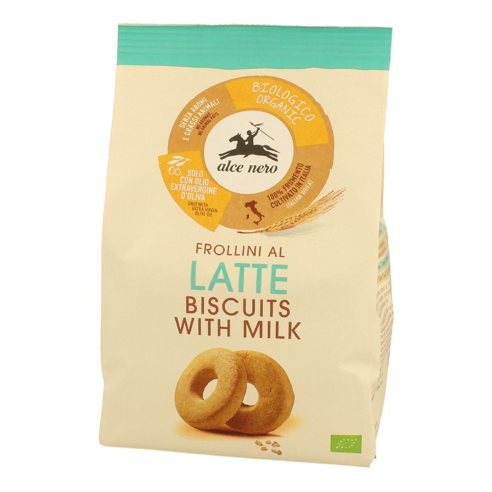 Confezione di biscotti. Scritta: Frollini al Latte, Biscuits with Milk. Sigillo biologico. Due biscotti visibili.