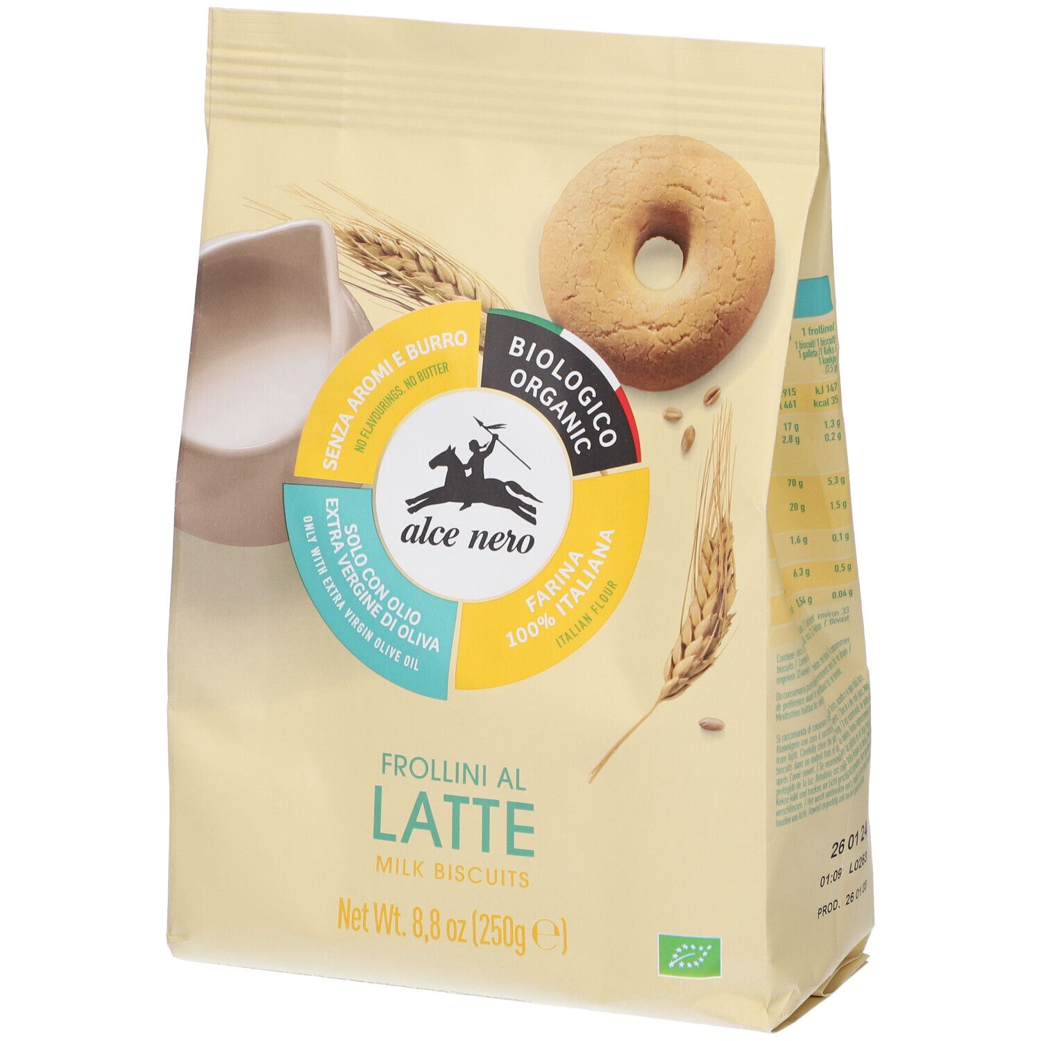 Confezione di biscotti. Scritta: Frollini al Latte, Milk Biscuits. Sigillo bio. Un biscotto e lattiera.