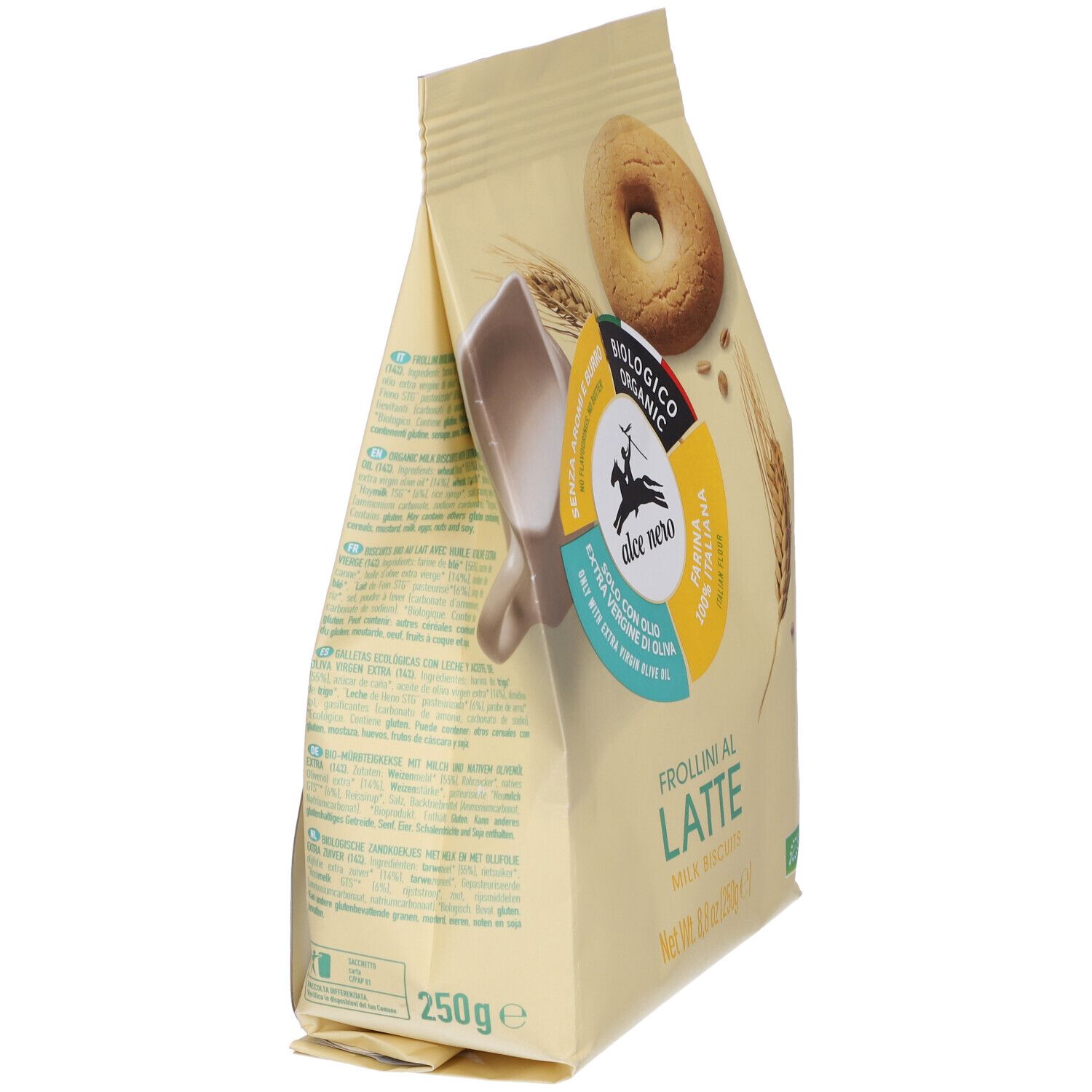Confezione di biscotti. Scritta: Frollini al Latte. Sigillo bio. Vista laterale. Un biscotto e lattiera.
