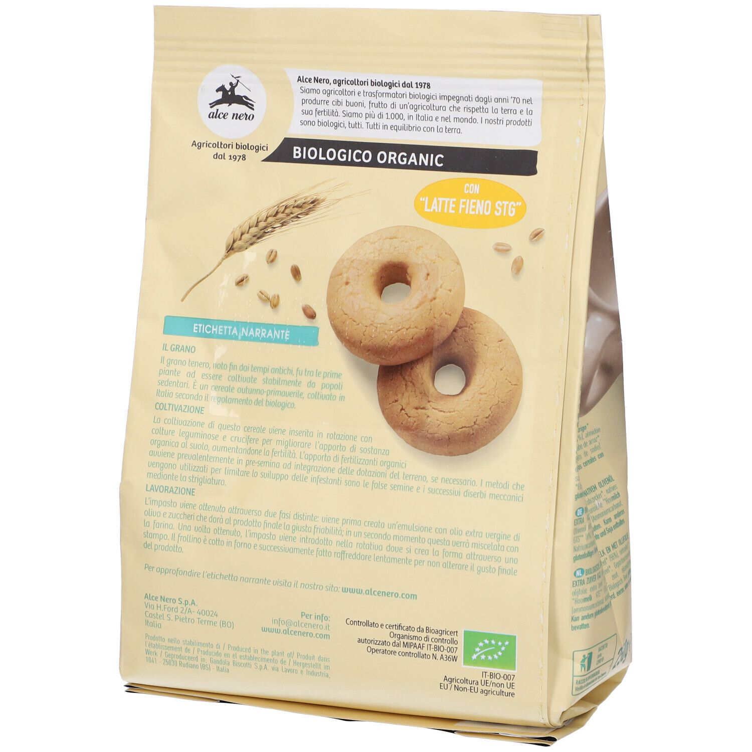 Retro confezione biscotti. Scritta: Frollini al Latte. Sigillo bio. Due biscotti. Testo in italiano.