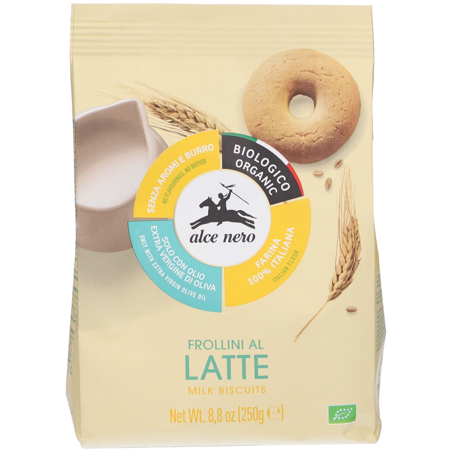 Confezione di biscotti. Scritta: Frollini al Latte, Milk Biscuits. Sigillo bio. Un biscotto e lattiera.