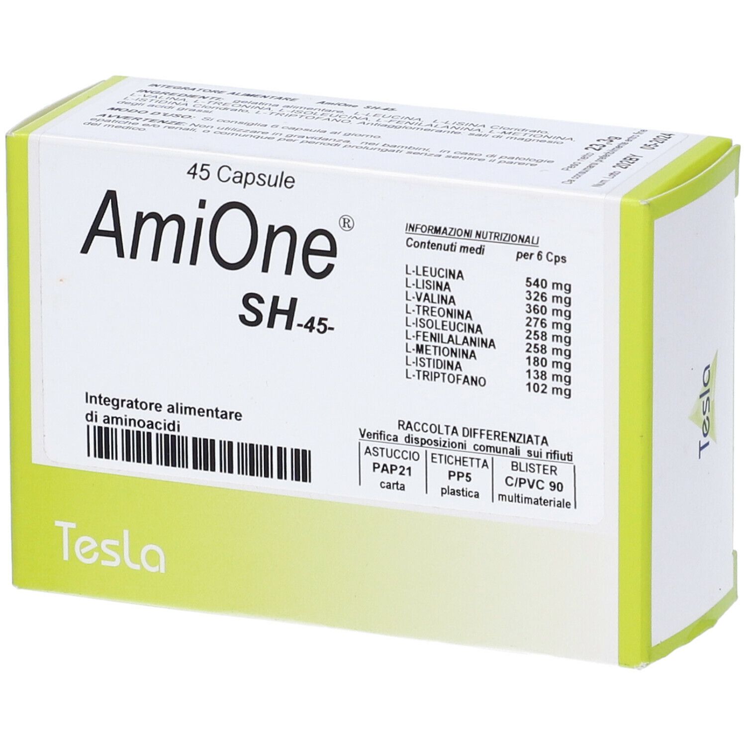 Scatola di capsule 'AmiOne SH-45'. Contiene informazioni nutrizionali e ingredienti. Marca: Tesla.