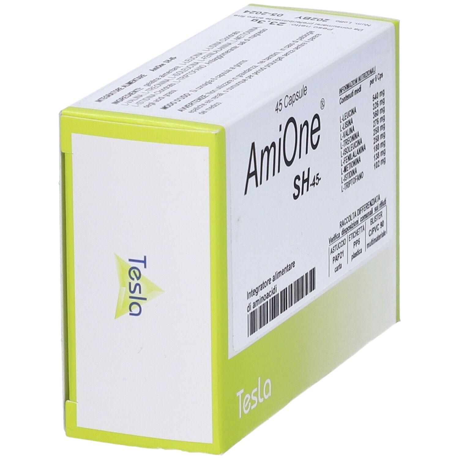 Vista angolata della scatola di capsule 'AmiOne SH-45'. Marchio Tesla. Contiene informazioni sugli ingredienti.