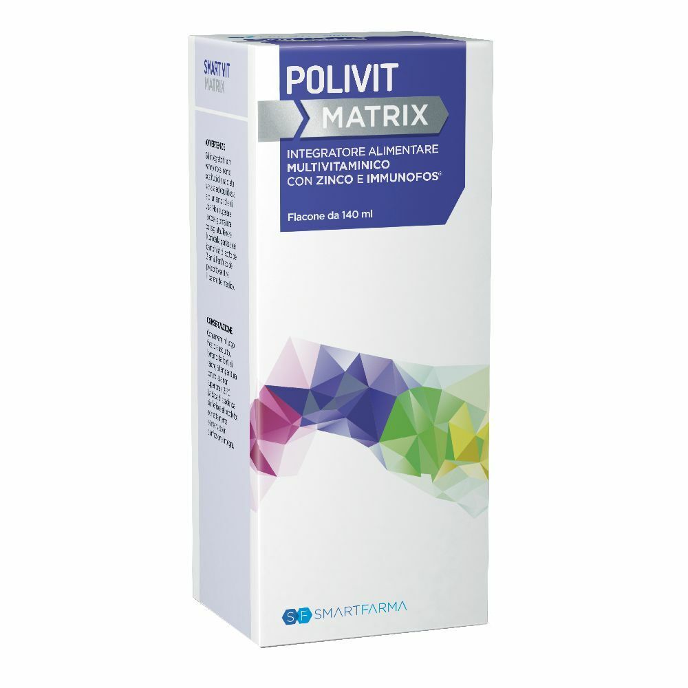 Scatola bianca con informazioni sul prodotto. Scritta: POLIVIT MATRIX, integratore multivitaminico con zinco e immunofos.