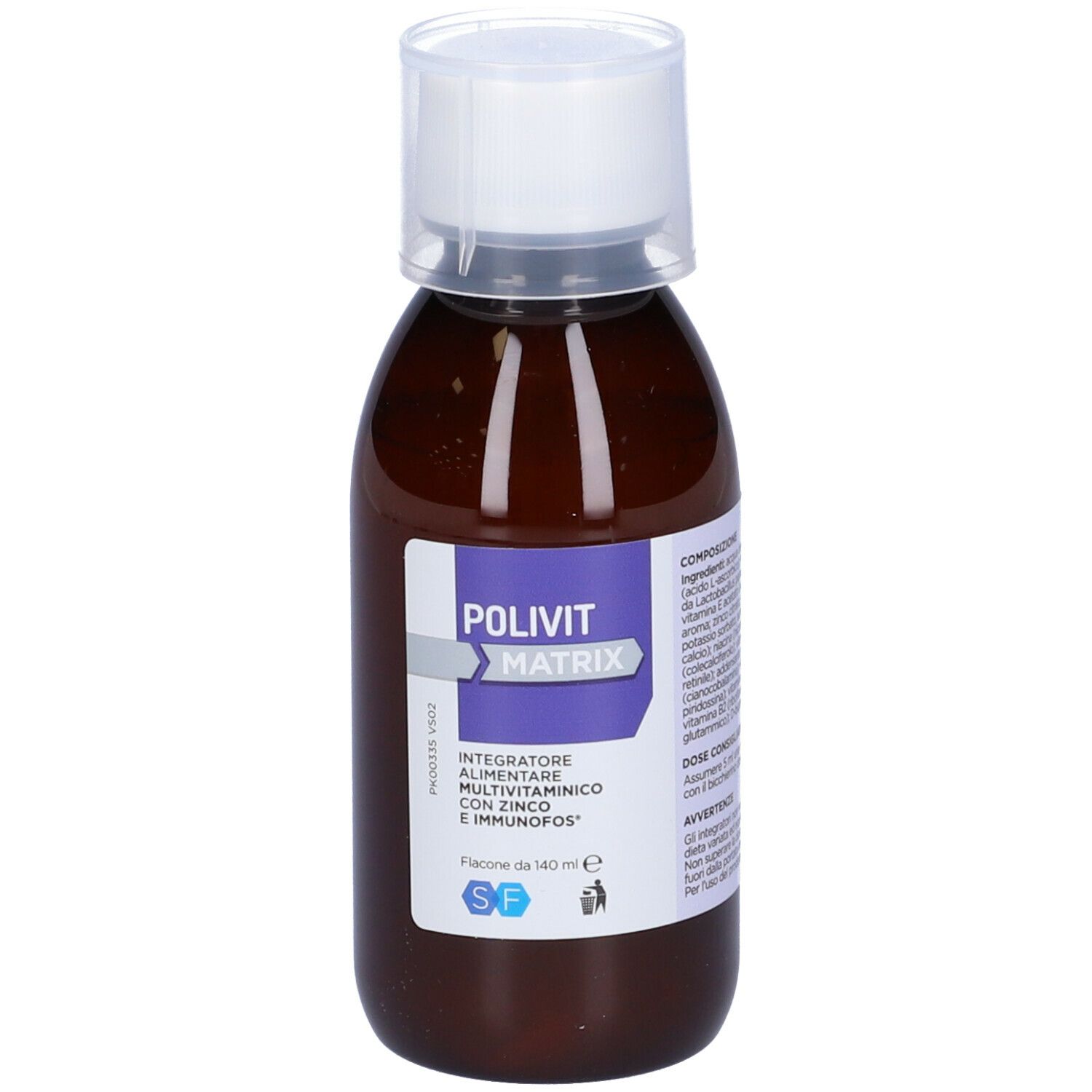 Flacone marrone con tappo bianco. Scritta: POLIVIT MATRIX, integratore multivitaminico con zinco e immunofos.